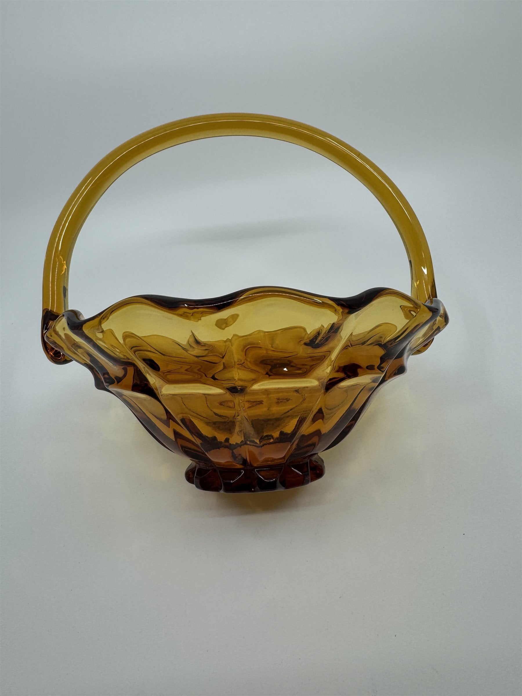 Vtg Fenton Amber Honey Gold Caramel Valencia Ruffled Edge Basket Approx. 8" MGM