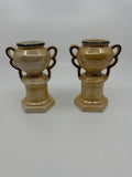 Czech Slovakia Pottery Set of 2 6" Iridescent Luster Double Handled Outlined Urn