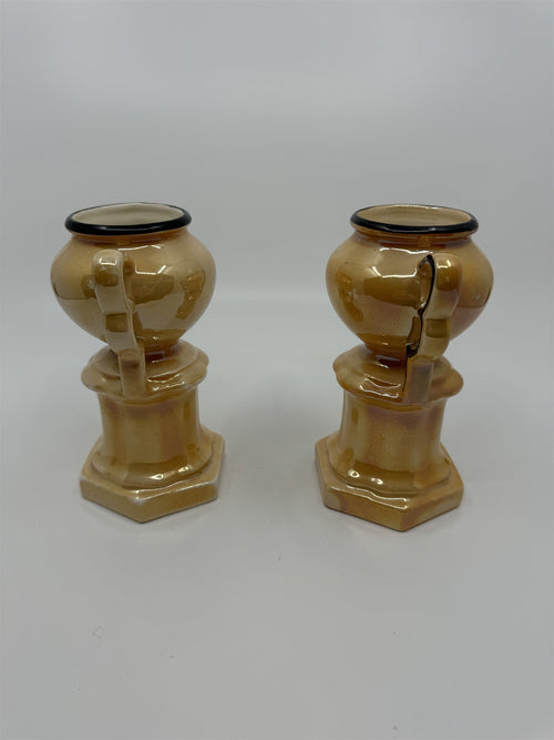 Czech Slovakia Pottery Set of 2 6" Iridescent Luster Double Handled Outlined Urn