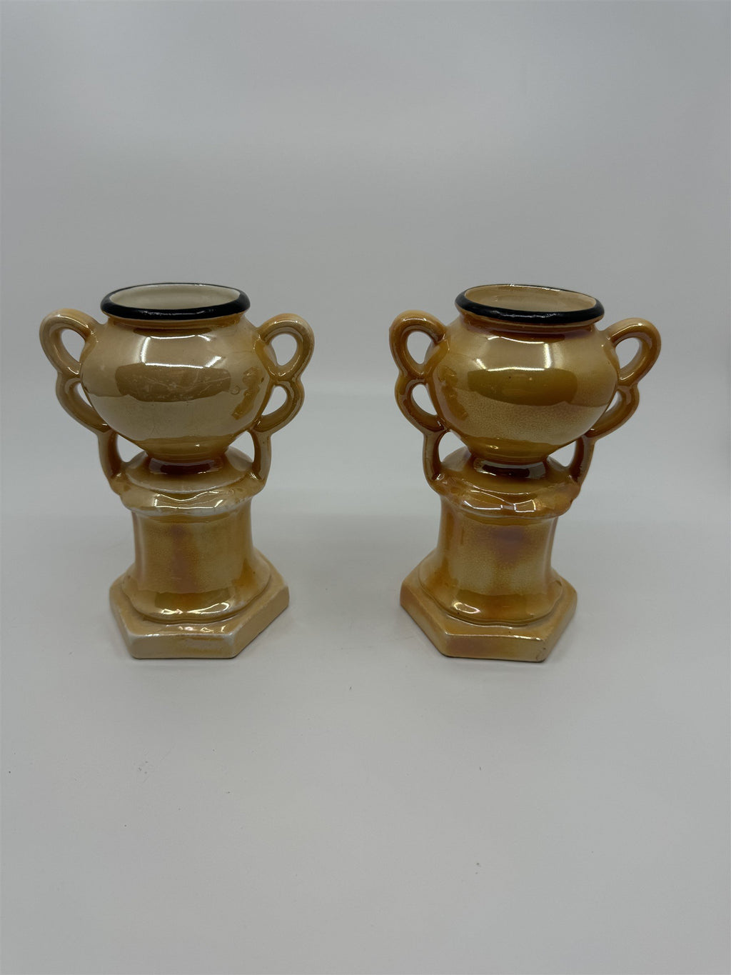 Czech Slovakia Pottery Set of 2 6" Iridescent Luster Double Handled Outlined Urn