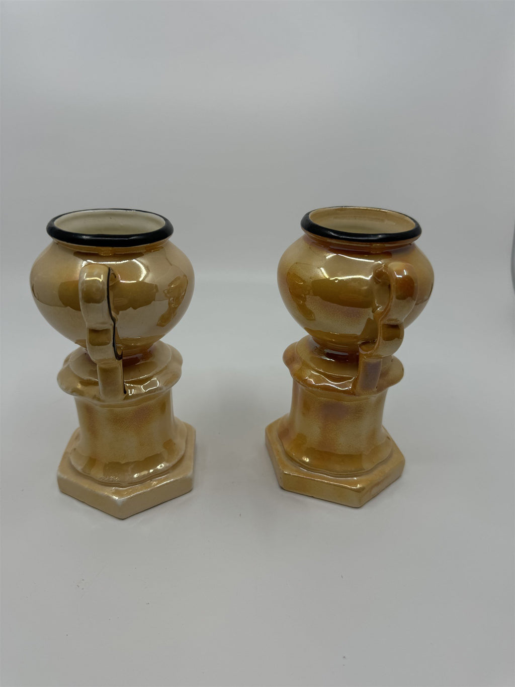 Czech Slovakia Pottery Set of 2 6" Iridescent Luster Double Handled Outlined Urn