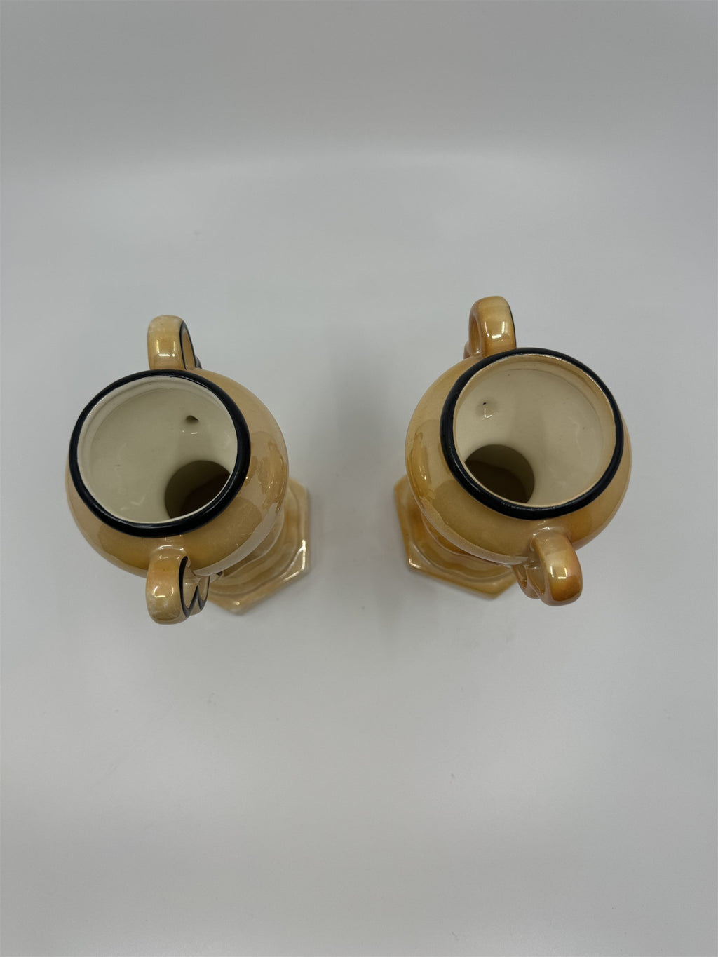 Czech Slovakia Pottery Set of 2 6" Iridescent Luster Double Handled Outlined Urn