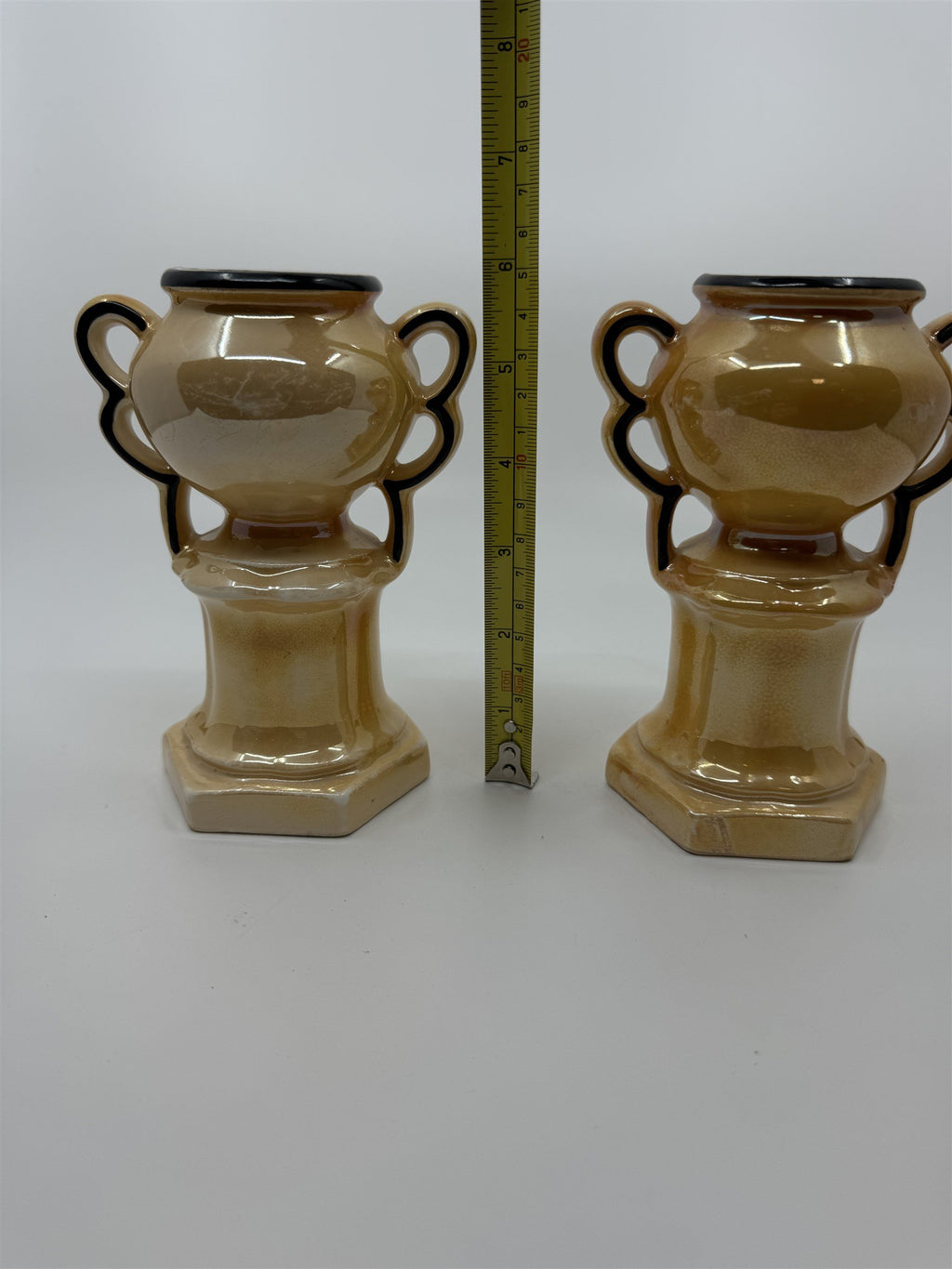 Czech Slovakia Pottery Set of 2 6" Iridescent Luster Double Handled Outlined Urn