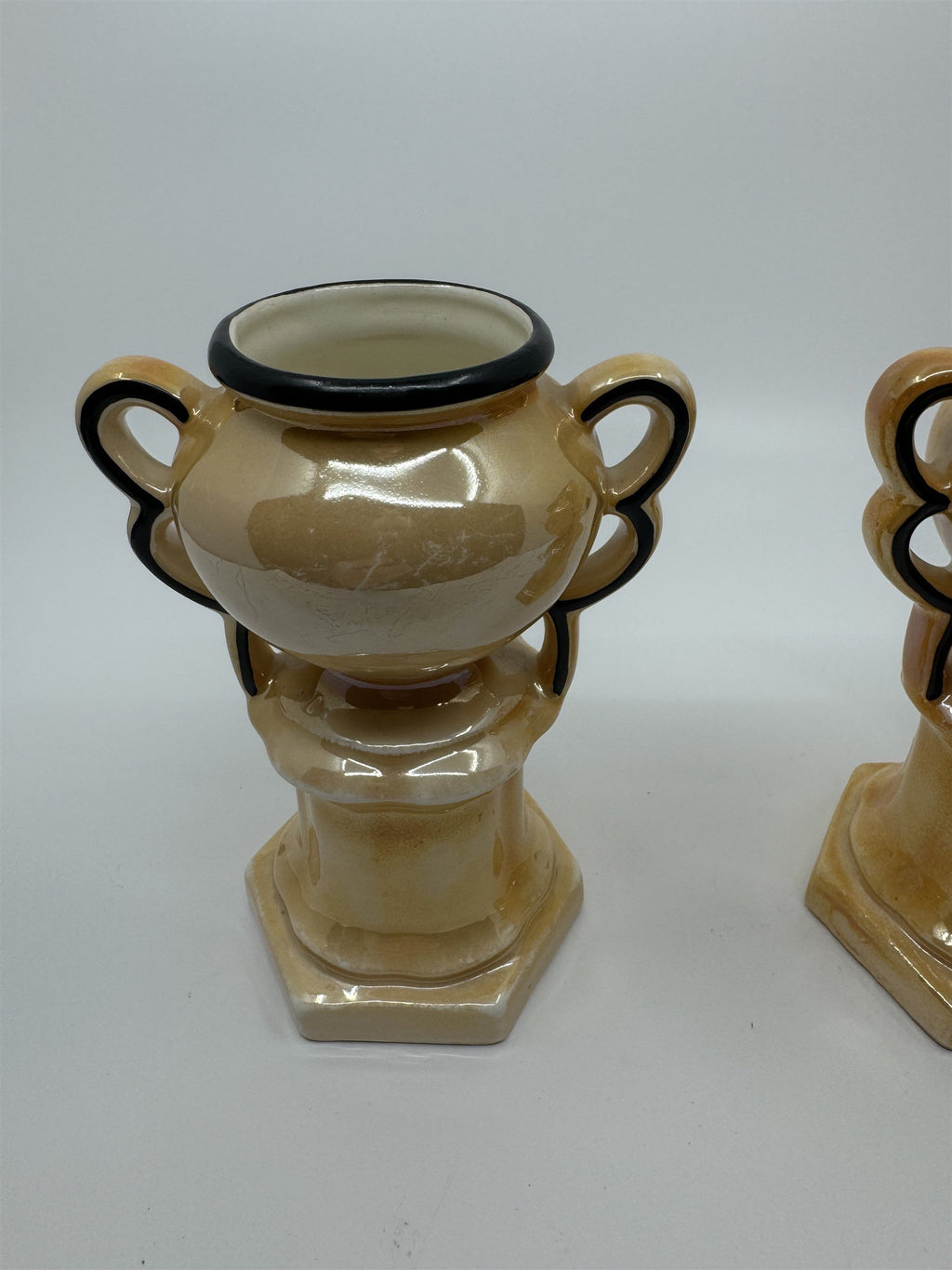 Czech Slovakia Pottery Set of 2 6" Iridescent Luster Double Handled Outlined Urn