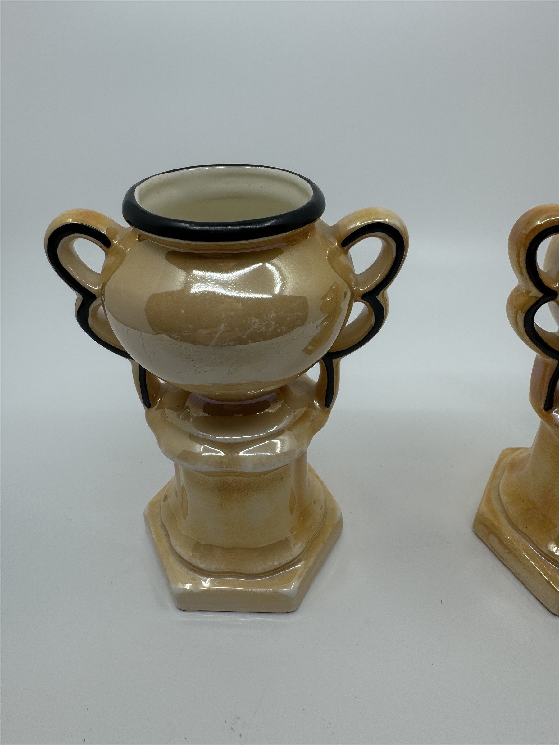 Czech Slovakia Pottery Set of 2 6" Iridescent Luster Double Handled Outlined Urn