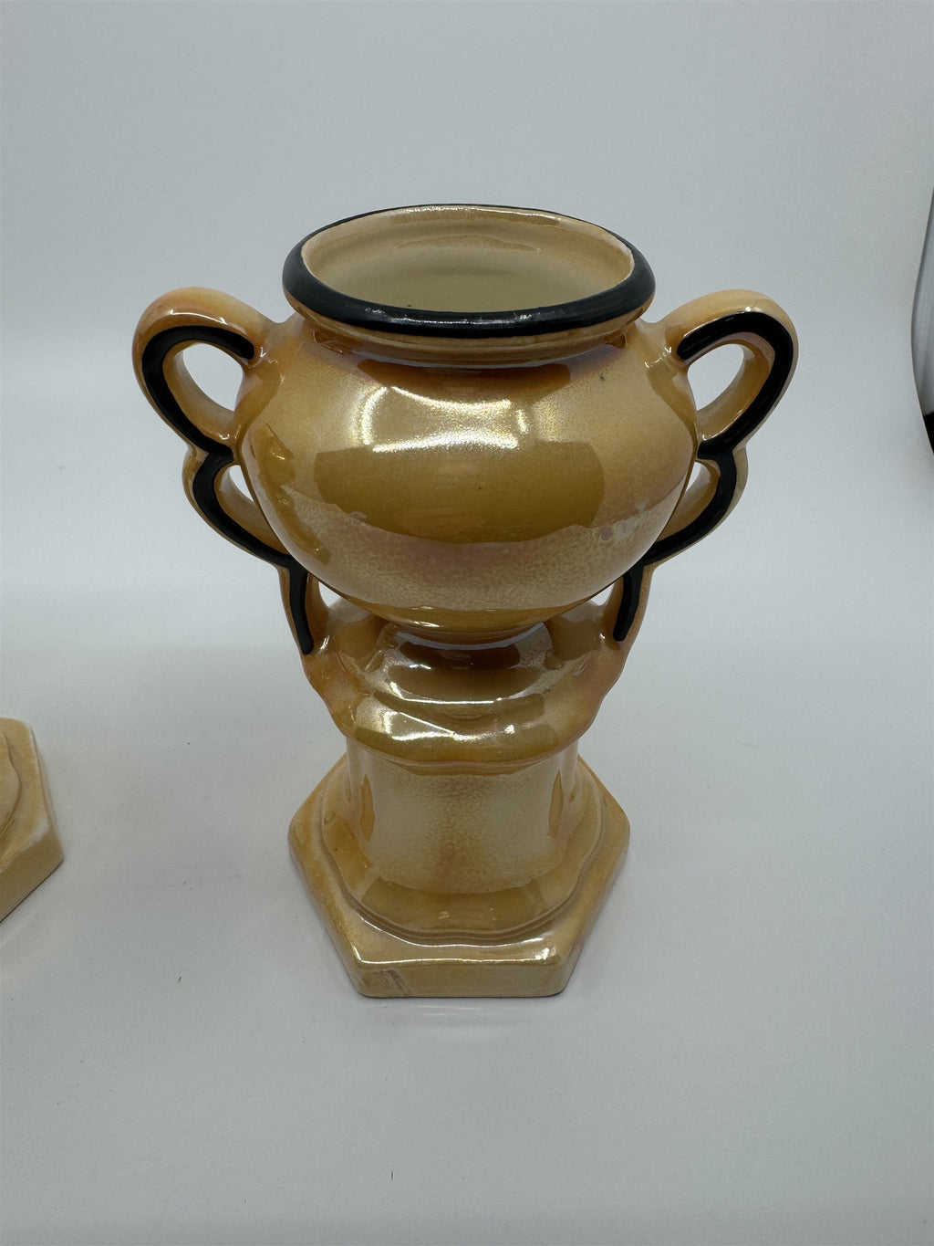 Czech Slovakia Pottery Set of 2 6" Iridescent Luster Double Handled Outlined Urn