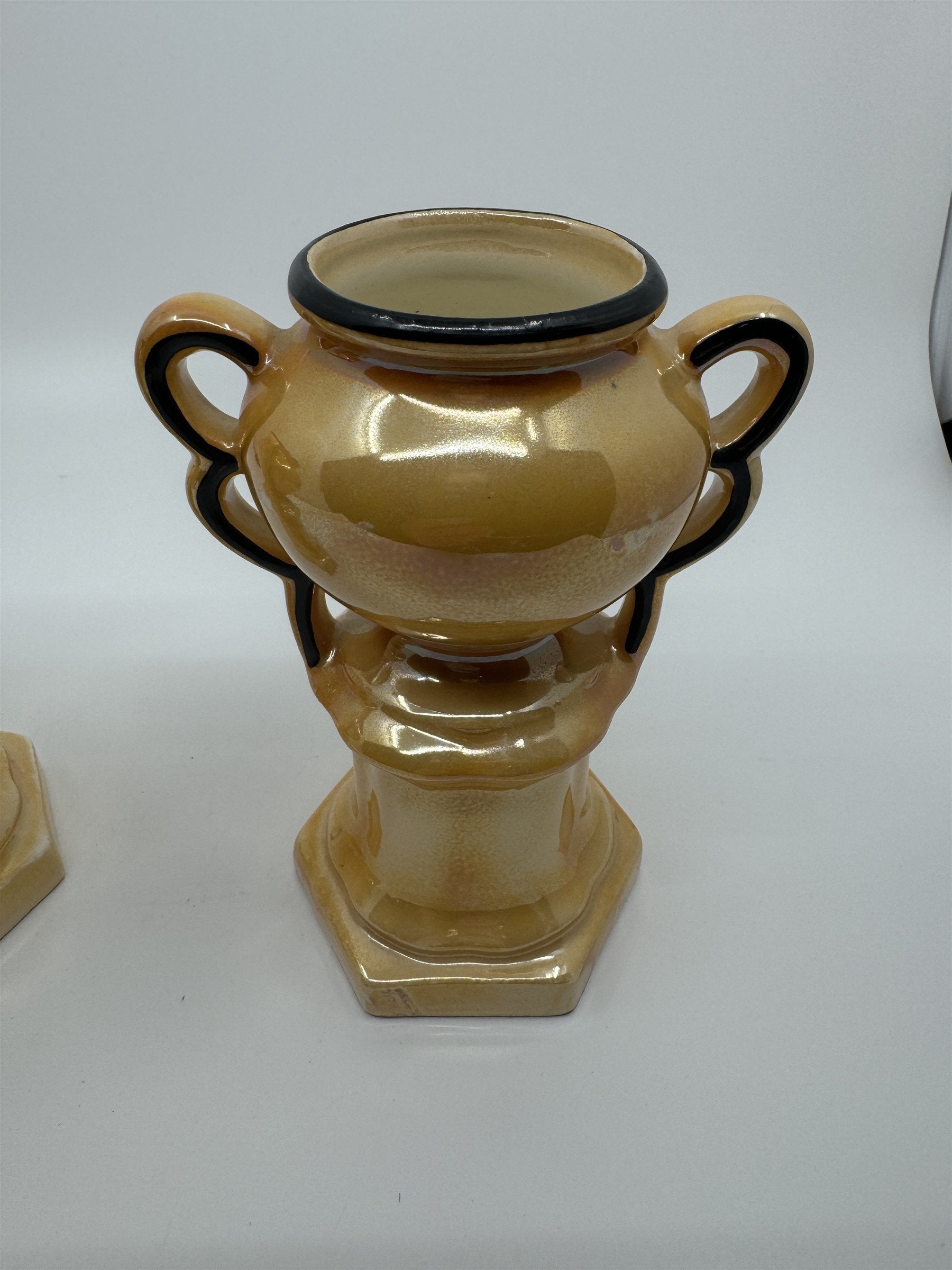 Czech Slovakia Pottery Set of 2 6" Iridescent Luster Double Handled Outlined Urn