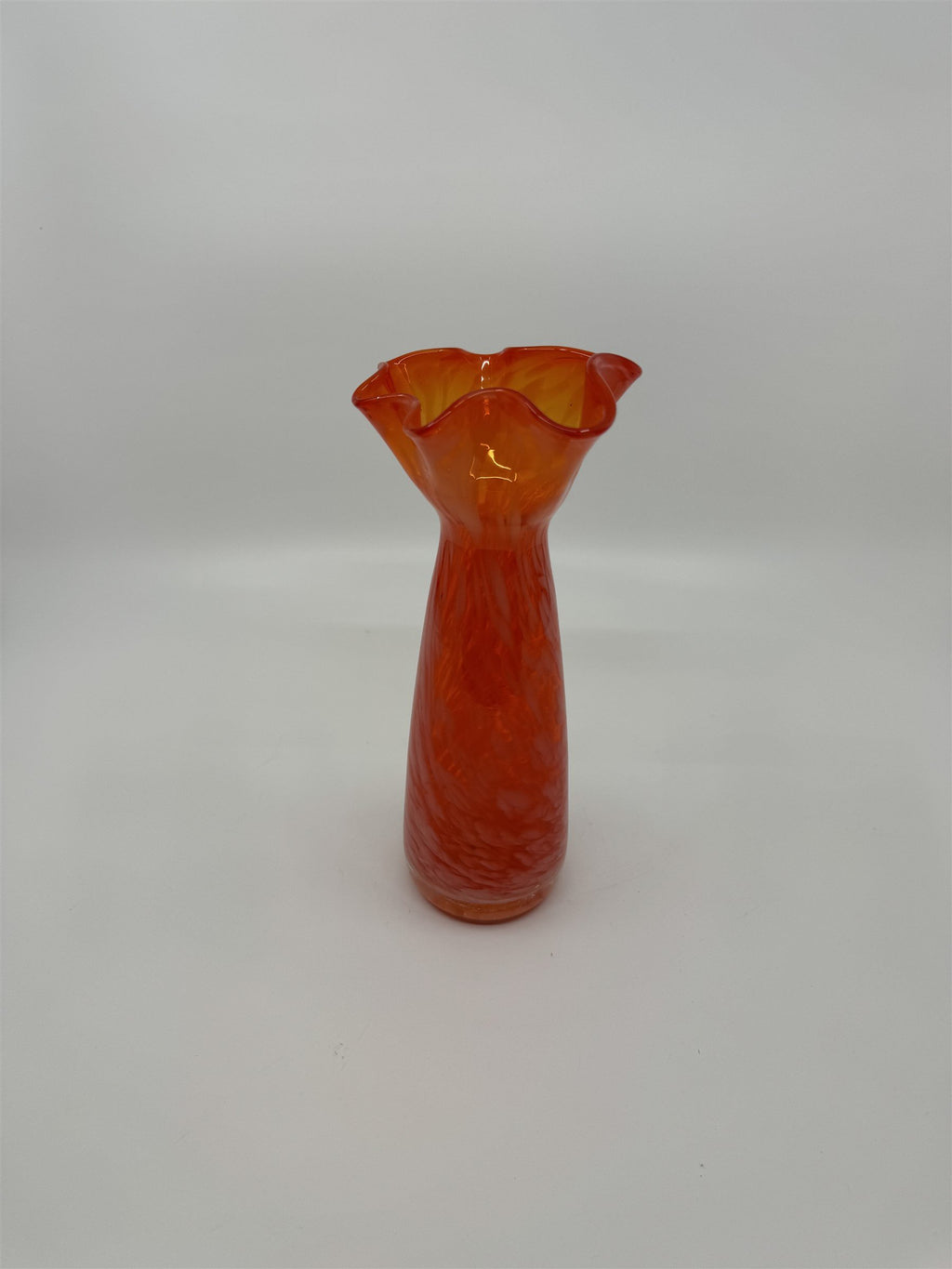 Vintage 8-1/4" Tall Hand Blown Ruffled Edge Orange Swirl Art Glass Vase JAPAN