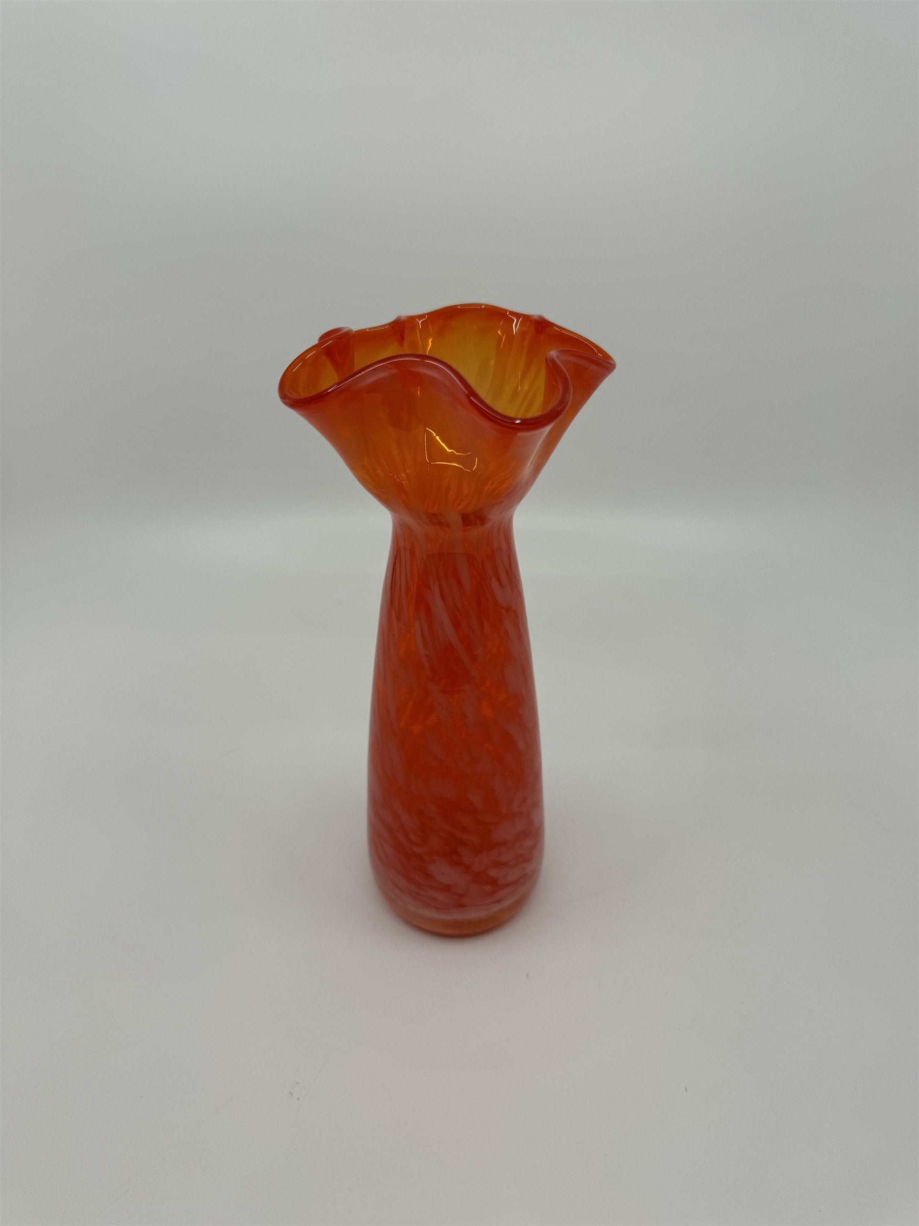 Vintage 8-1/4" Tall Hand Blown Ruffled Edge Orange Swirl Art Glass Vase JAPAN