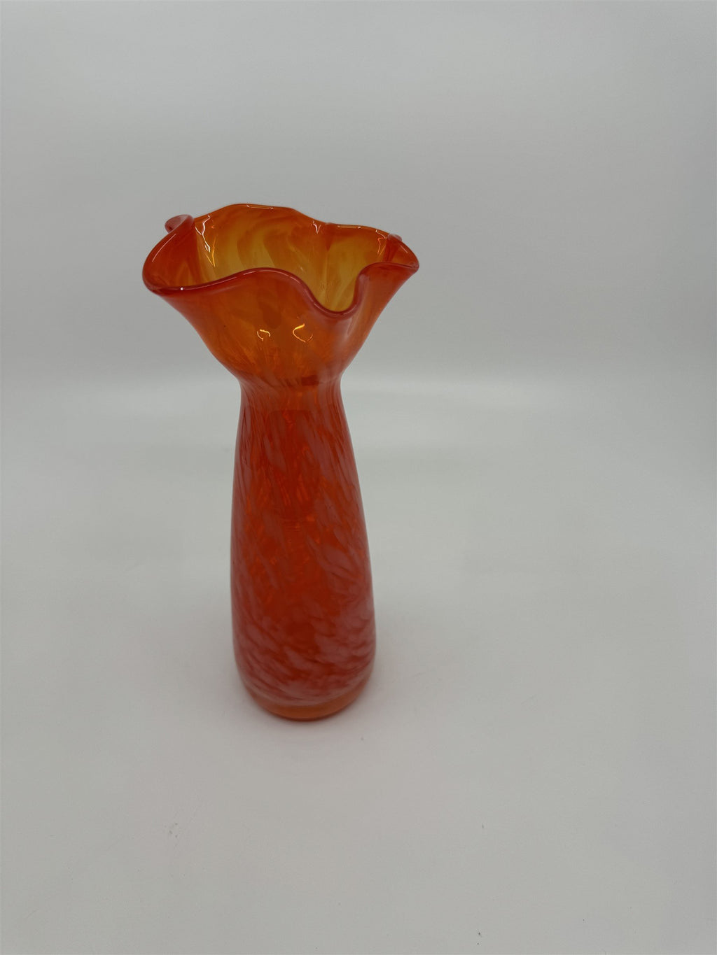 Vintage 8-1/4" Tall Hand Blown Ruffled Edge Orange Swirl Art Glass Vase JAPAN