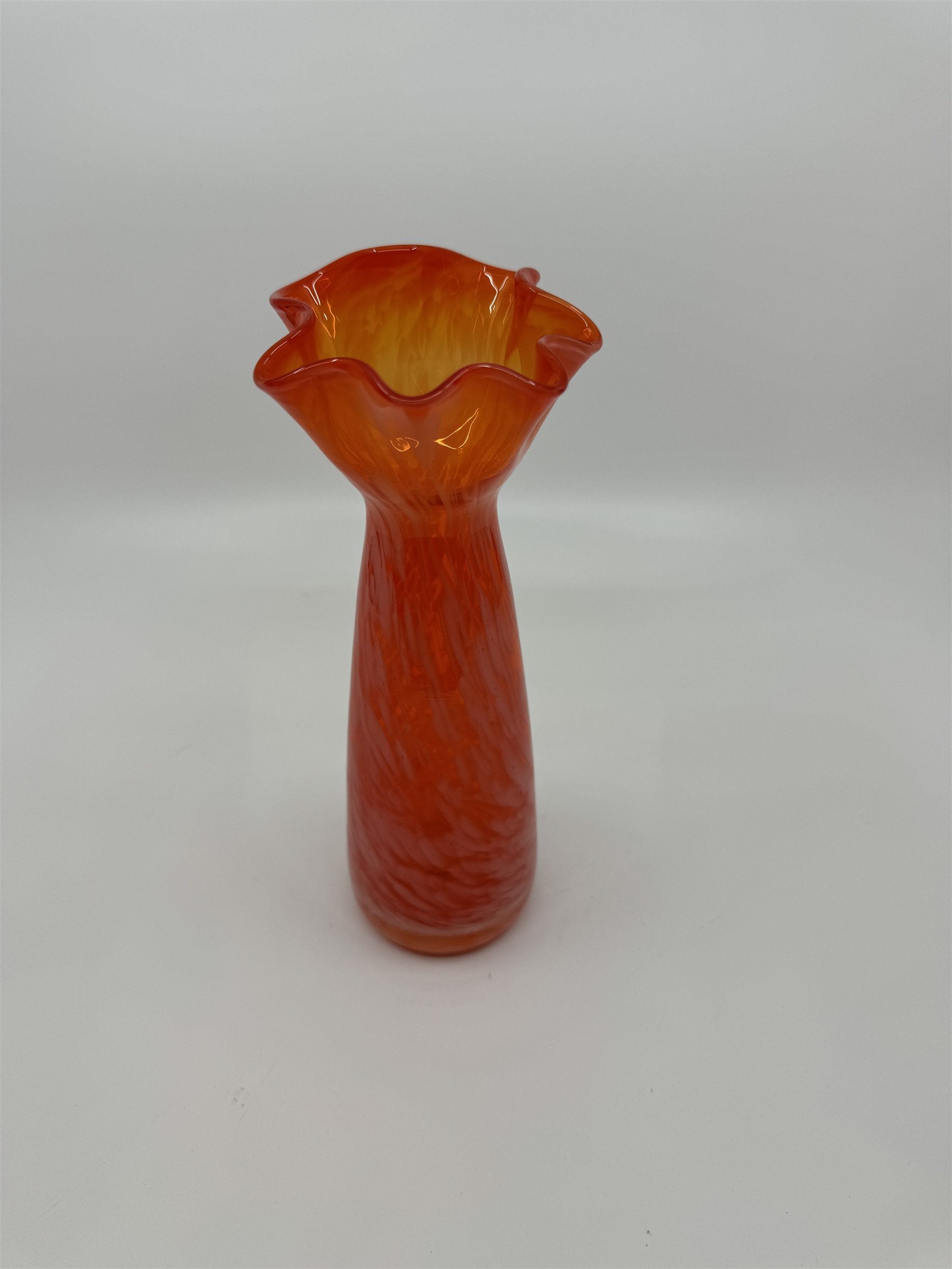 Vintage 8-1/4" Tall Hand Blown Ruffled Edge Orange Swirl Art Glass Vase JAPAN