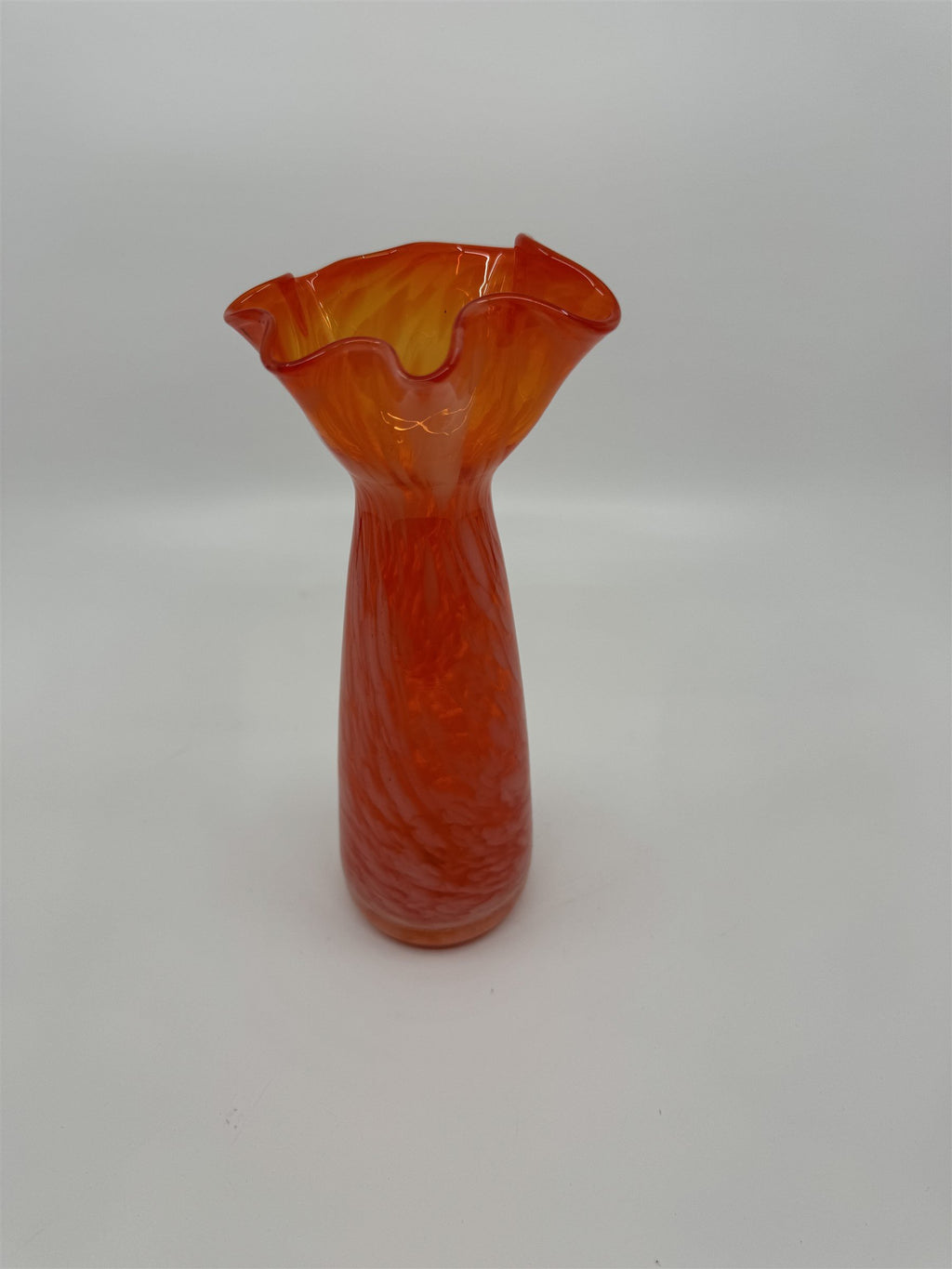 Vintage 8-1/4" Tall Hand Blown Ruffled Edge Orange Swirl Art Glass Vase JAPAN