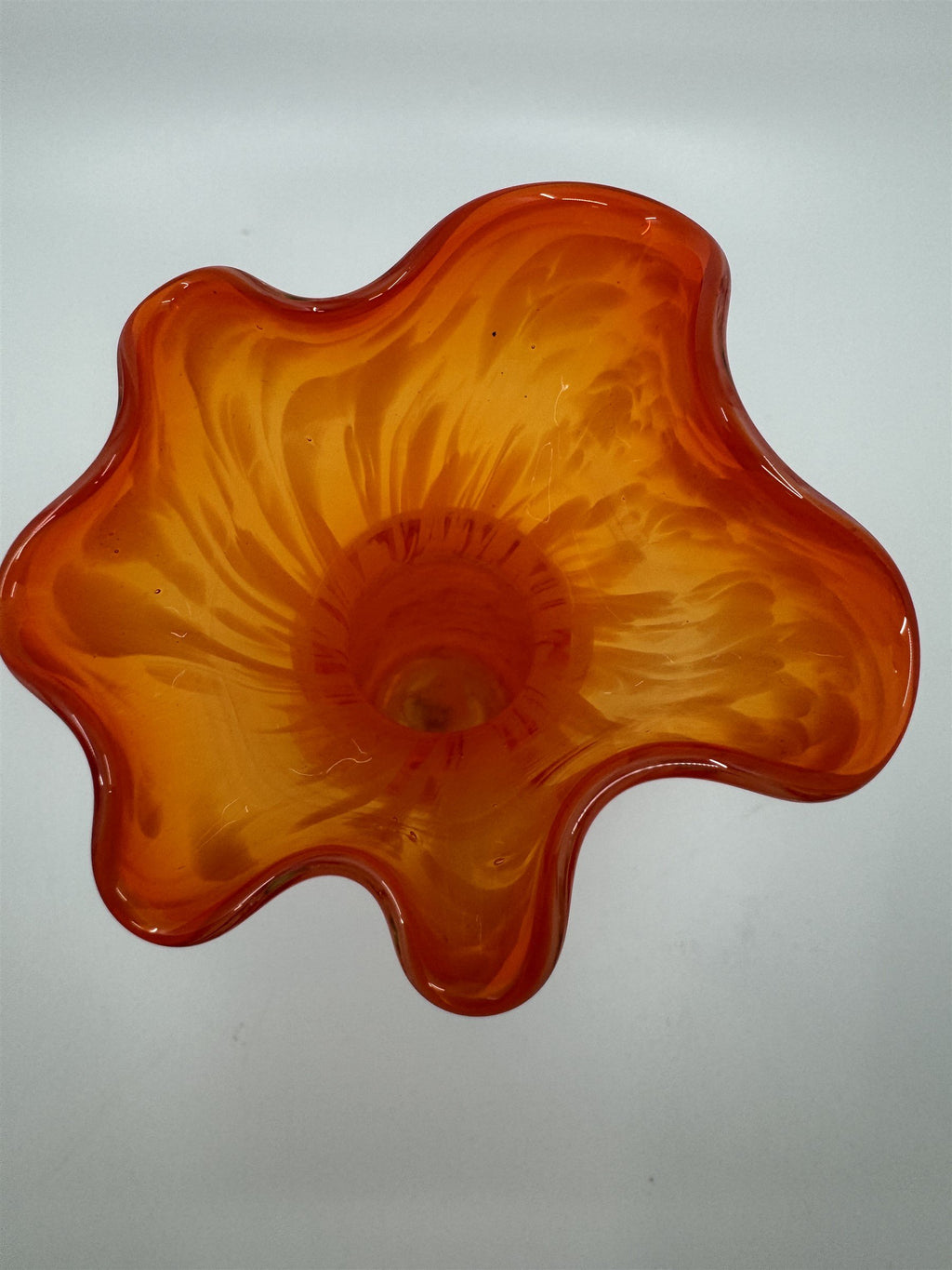 Vintage 8-1/4" Tall Hand Blown Ruffled Edge Orange Swirl Art Glass Vase JAPAN