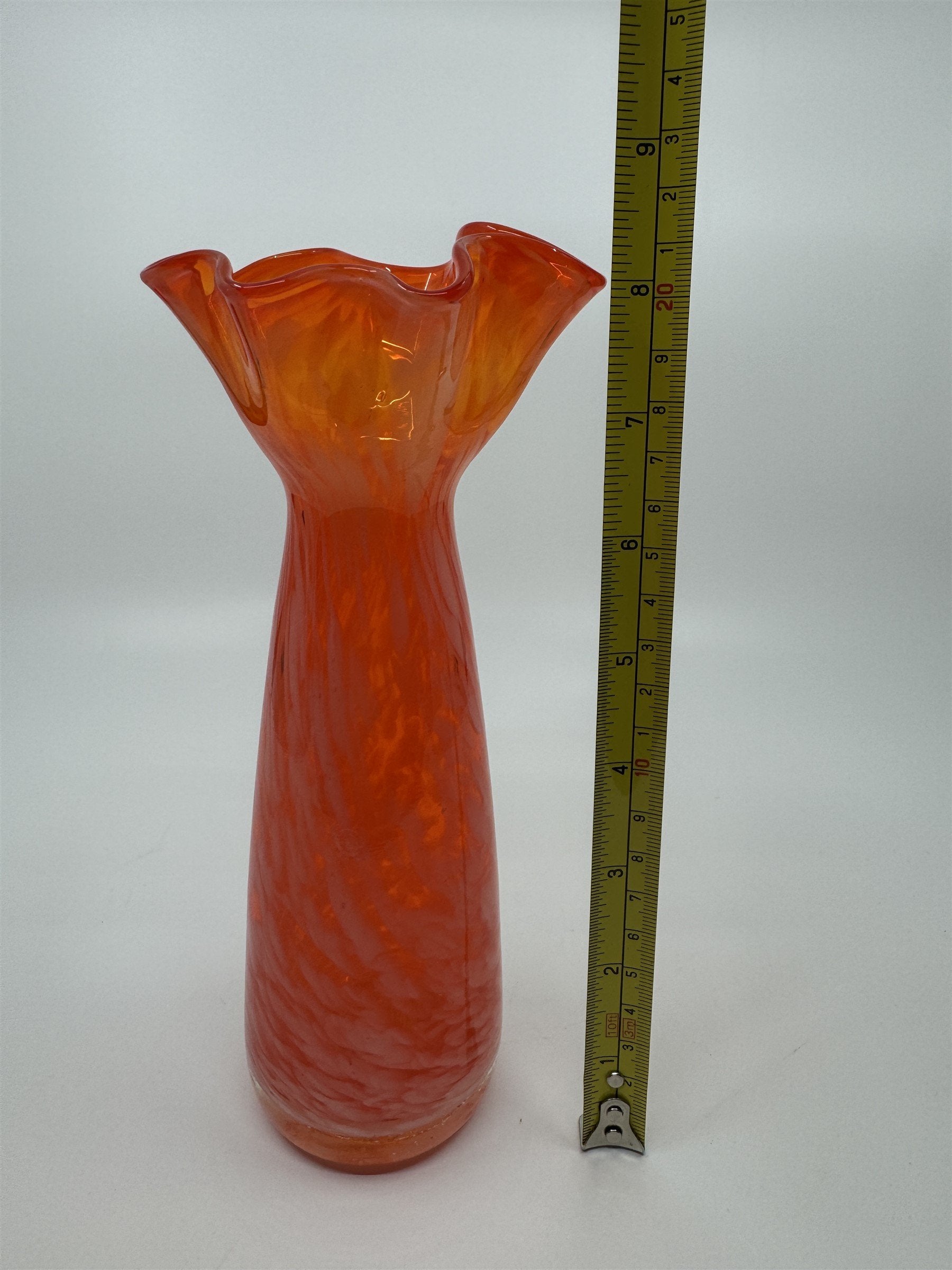 Vintage 8-1/4" Tall Hand Blown Ruffled Edge Orange Swirl Art Glass Vase JAPAN