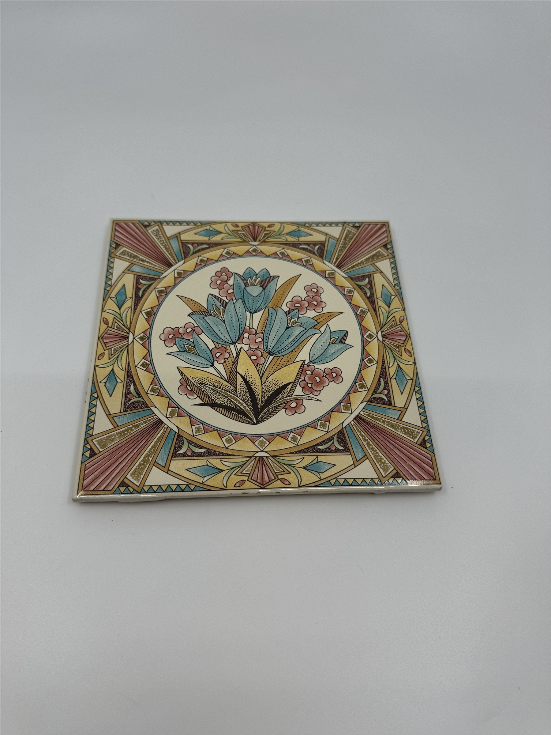 Vintage Pilkington's Great Britain 6" Square Floral Tile Metallic Cork Back