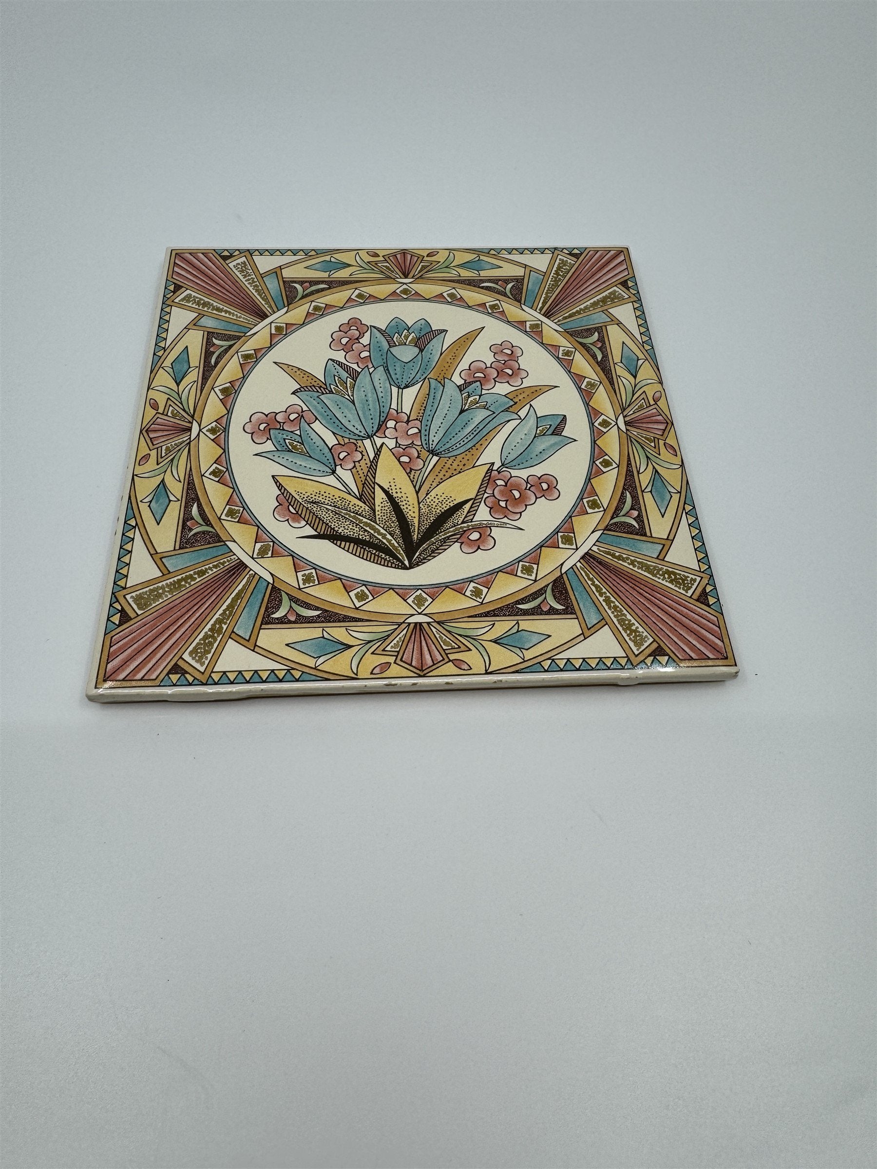 Vintage Pilkington's Great Britain 6" Square Floral Tile Metallic Cork Back