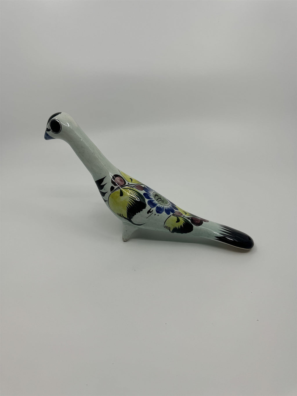 Mexican Hand Painted Tonala Pottery Long Neck Bird Figurine Black/Blue/Yellow RP