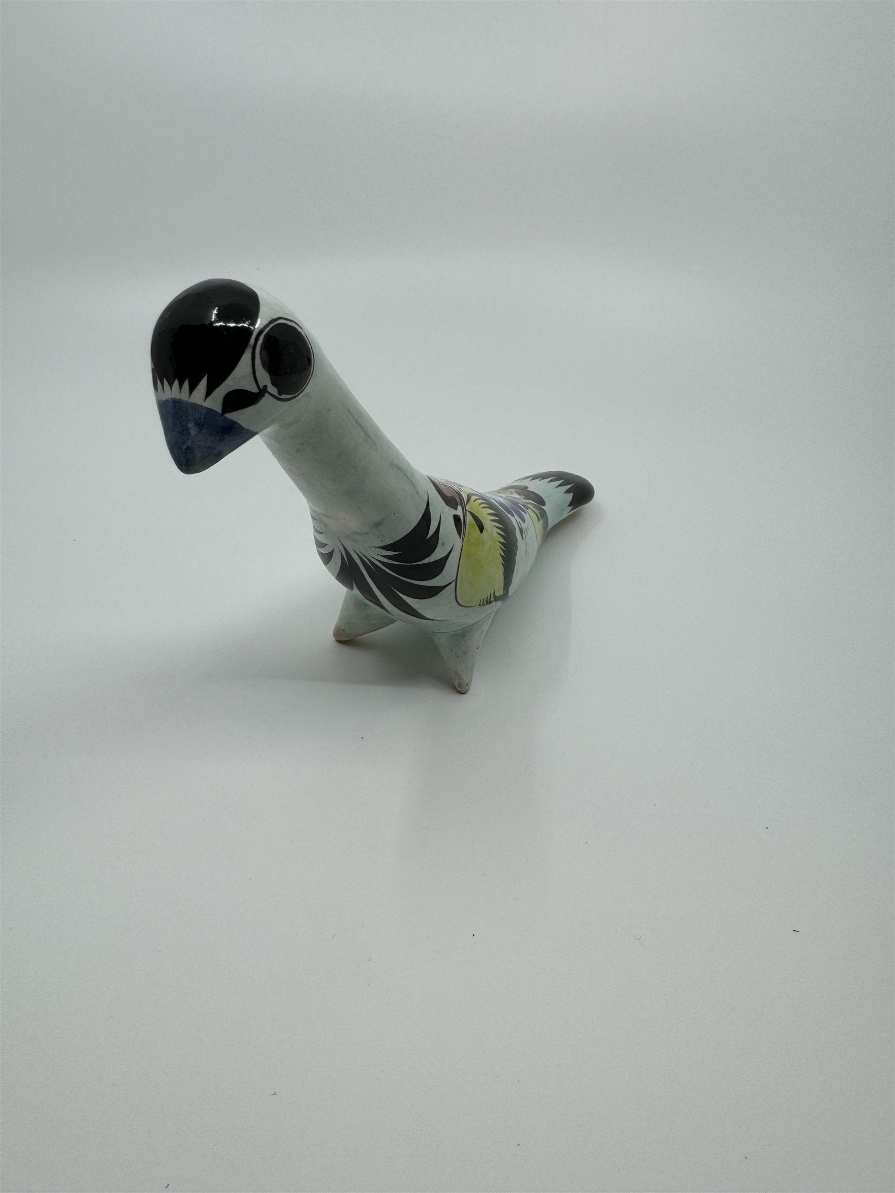 Mexican Hand Painted Tonala Pottery Long Neck Bird Figurine Black/Blue/Yellow RP