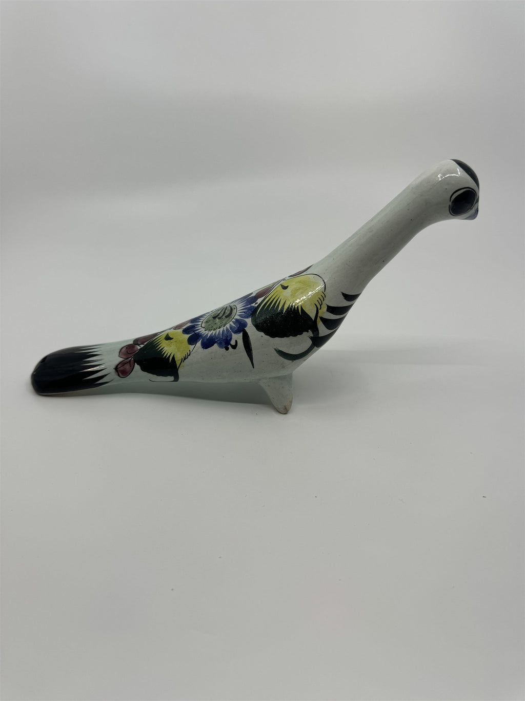 Mexican Hand Painted Tonala Pottery Long Neck Bird Figurine Black/Blue/Yellow RP