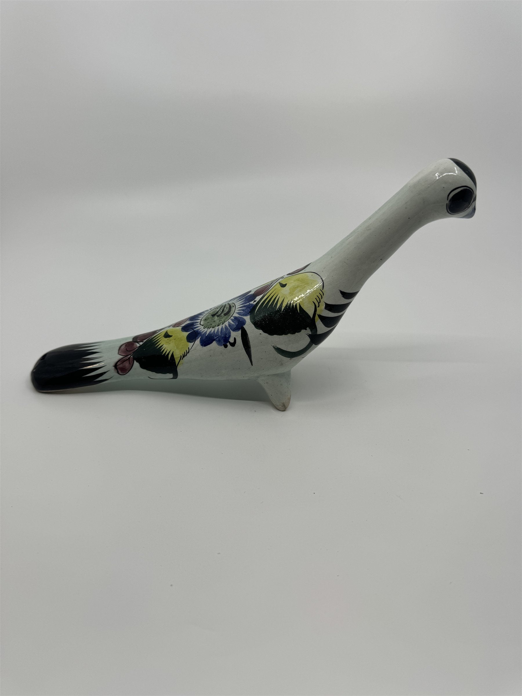Mexican Hand Painted Tonala Pottery Long Neck Bird Figurine Black/Blue/Yellow RP