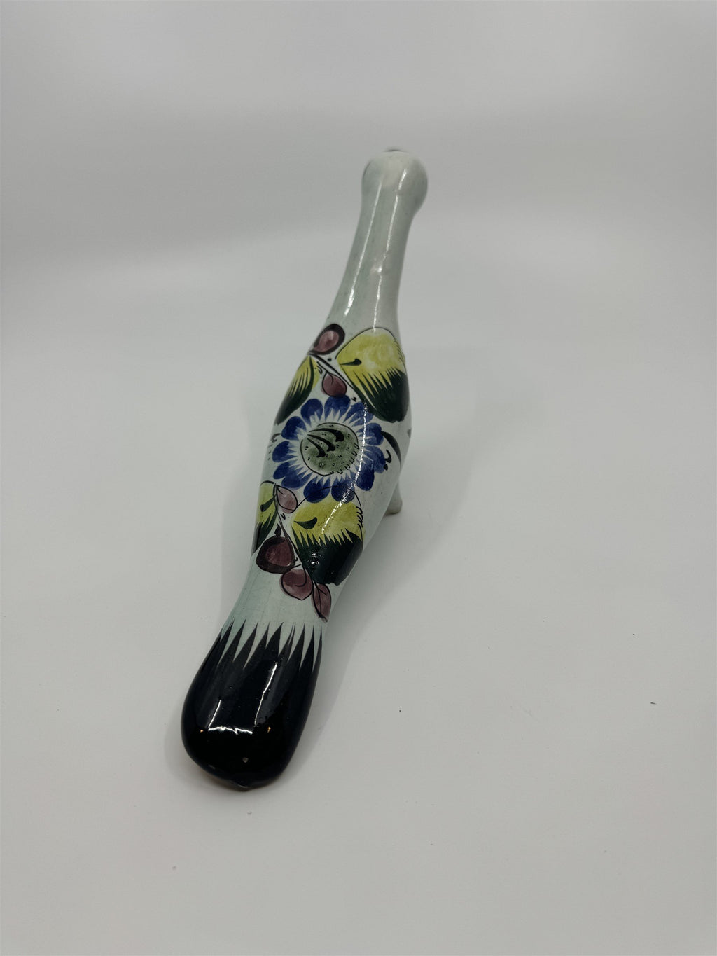 Mexican Hand Painted Tonala Pottery Long Neck Bird Figurine Black/Blue/Yellow RP