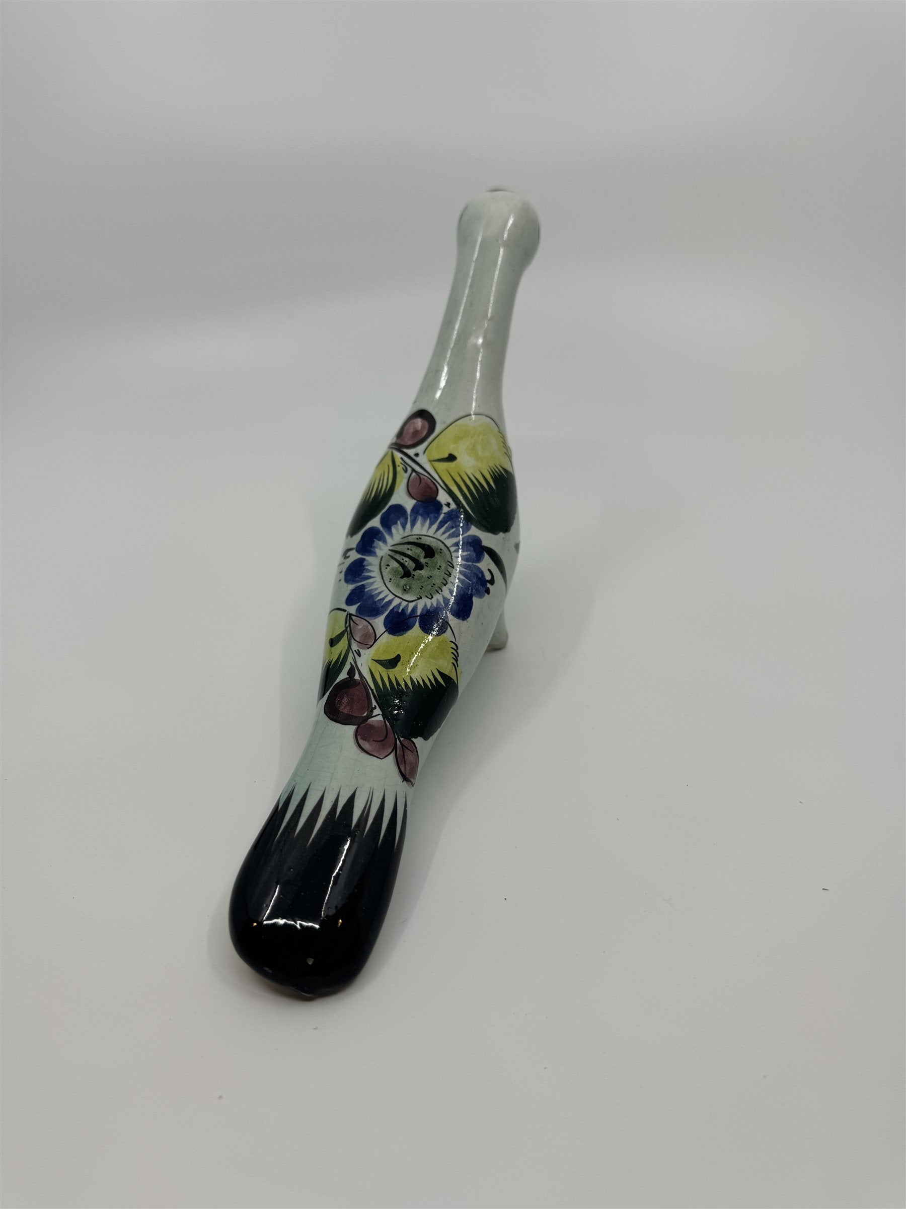 Mexican Hand Painted Tonala Pottery Long Neck Bird Figurine Black/Blue/Yellow RP