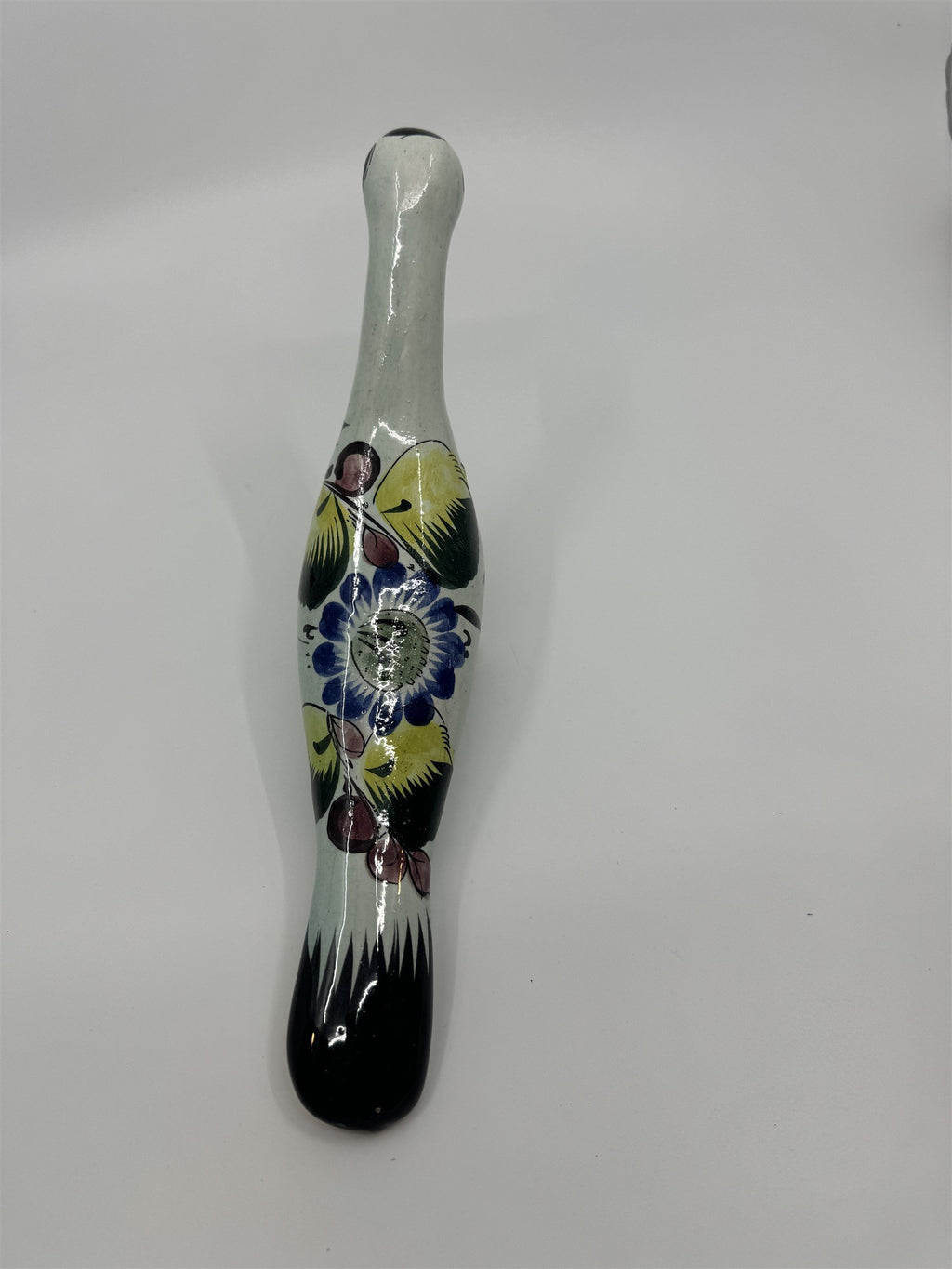 Mexican Hand Painted Tonala Pottery Long Neck Bird Figurine Black/Blue/Yellow RP