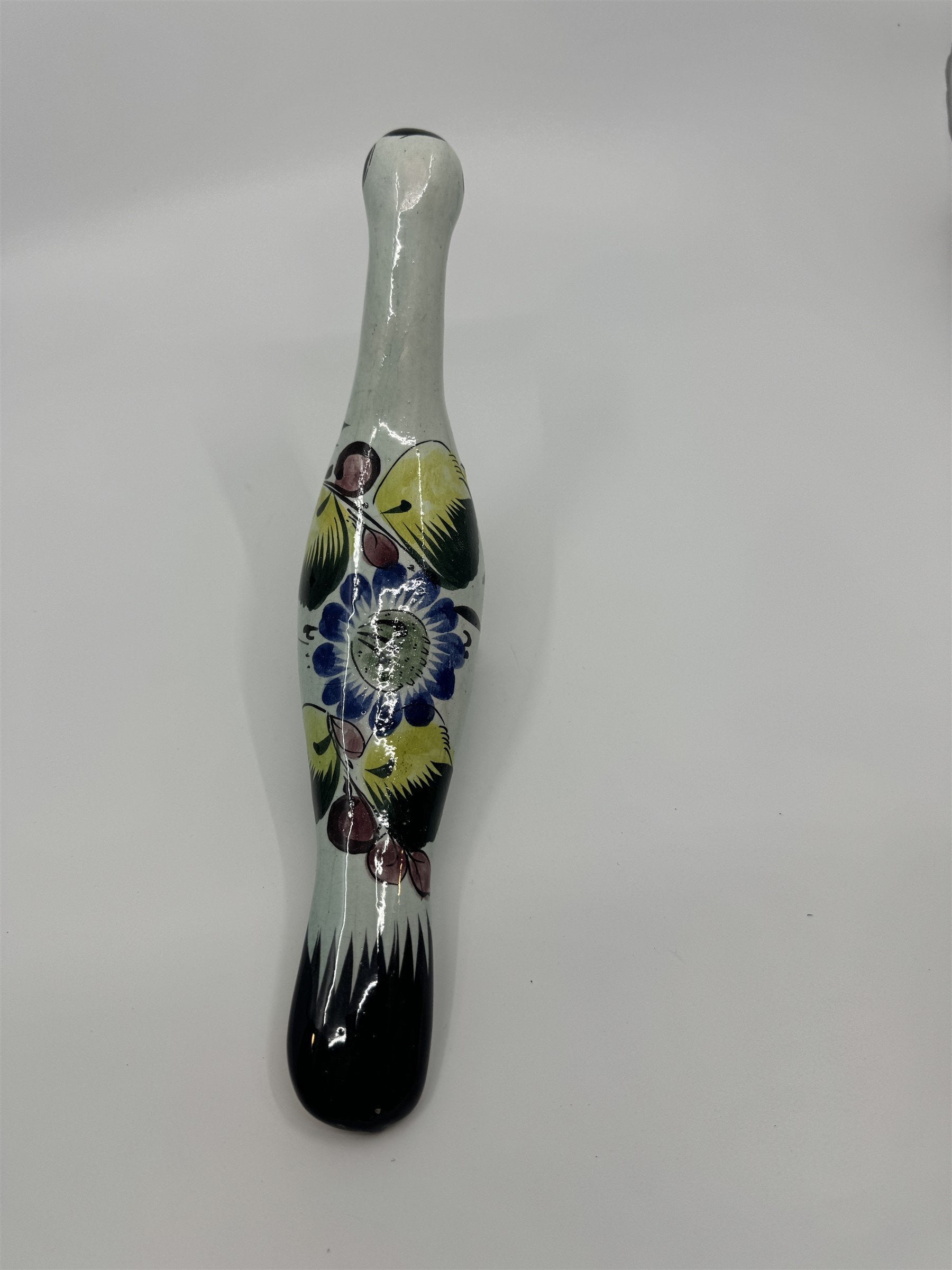 Mexican Hand Painted Tonala Pottery Long Neck Bird Figurine Black/Blue/Yellow RP