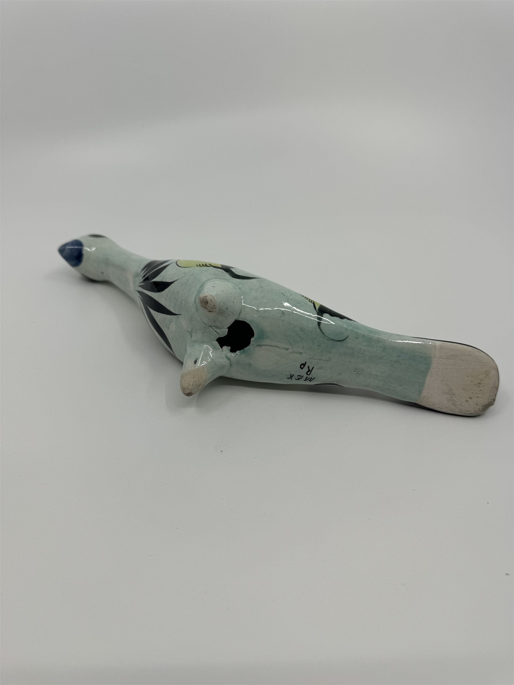 Mexican Hand Painted Tonala Pottery Long Neck Bird Figurine Black/Blue/Yellow RP