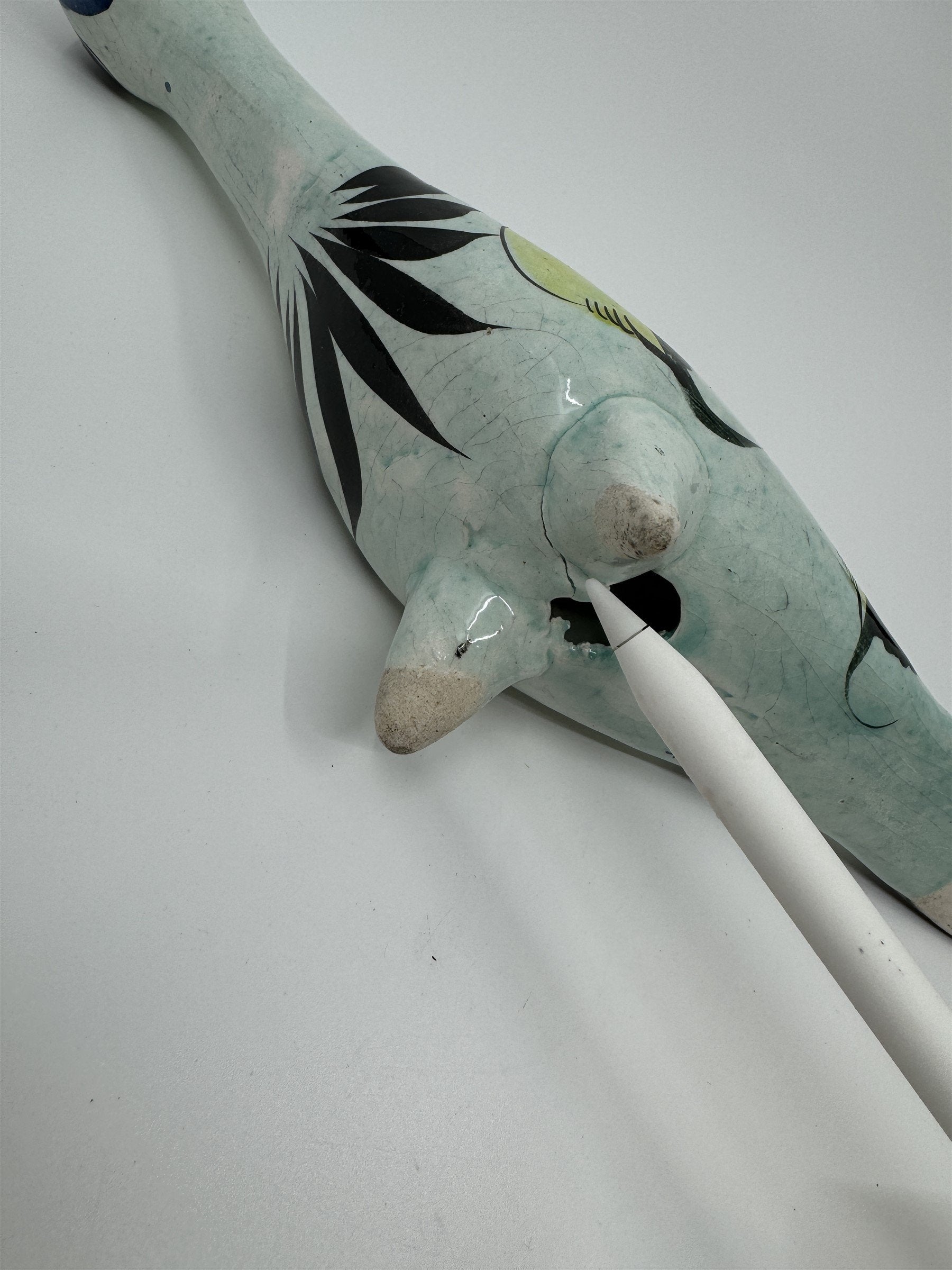 Mexican Hand Painted Tonala Pottery Long Neck Bird Figurine Black/Blue/Yellow RP