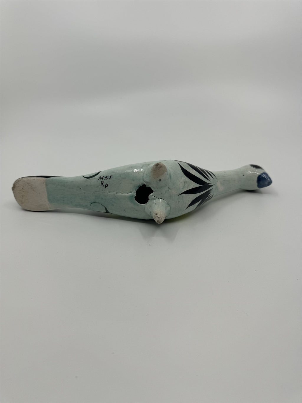 Mexican Hand Painted Tonala Pottery Long Neck Bird Figurine Black/Blue/Yellow RP