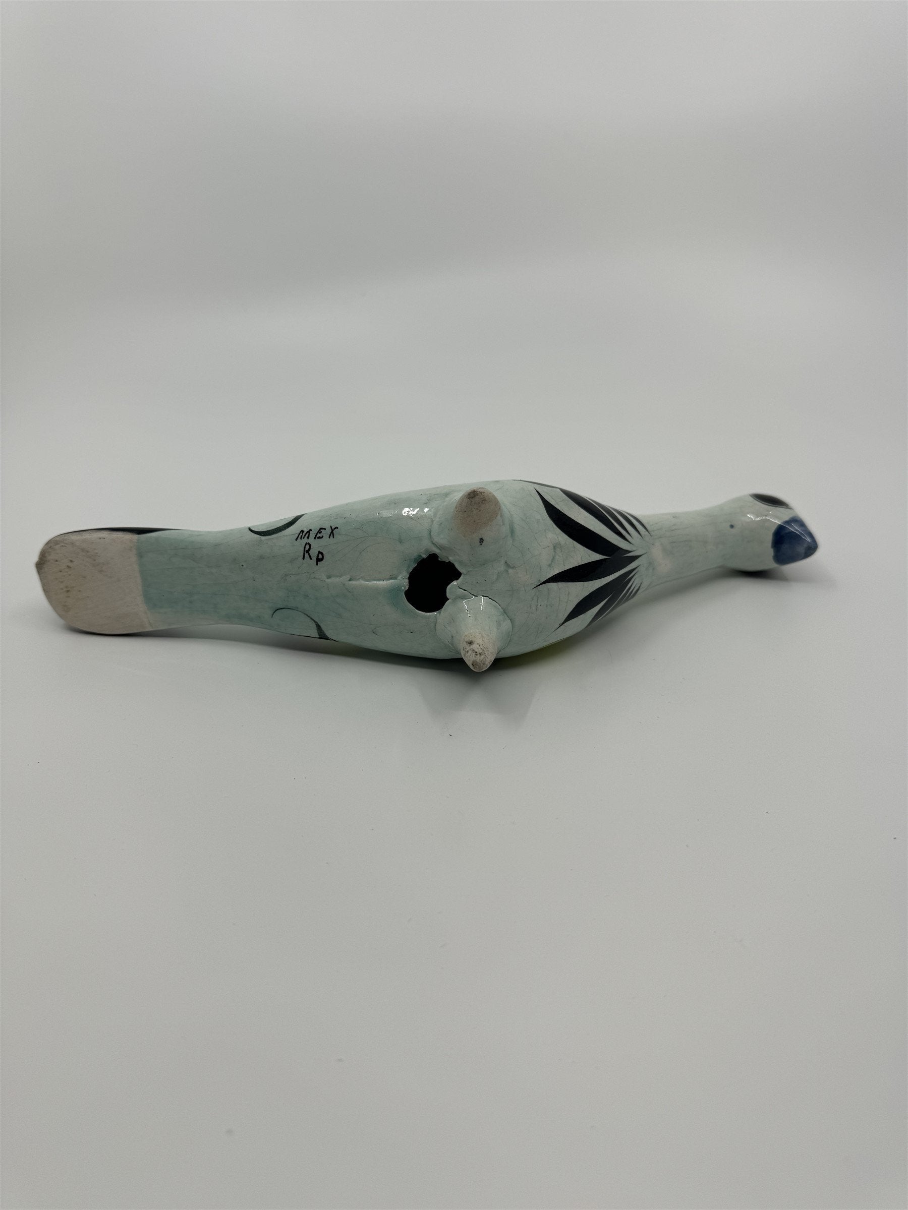 Mexican Hand Painted Tonala Pottery Long Neck Bird Figurine Black/Blue/Yellow RP