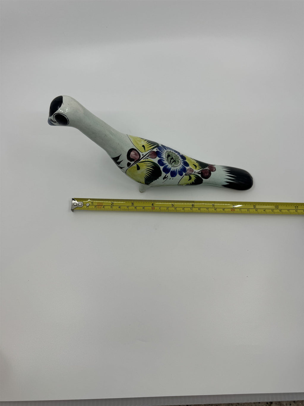 Mexican Hand Painted Tonala Pottery Long Neck Bird Figurine Black/Blue/Yellow RP