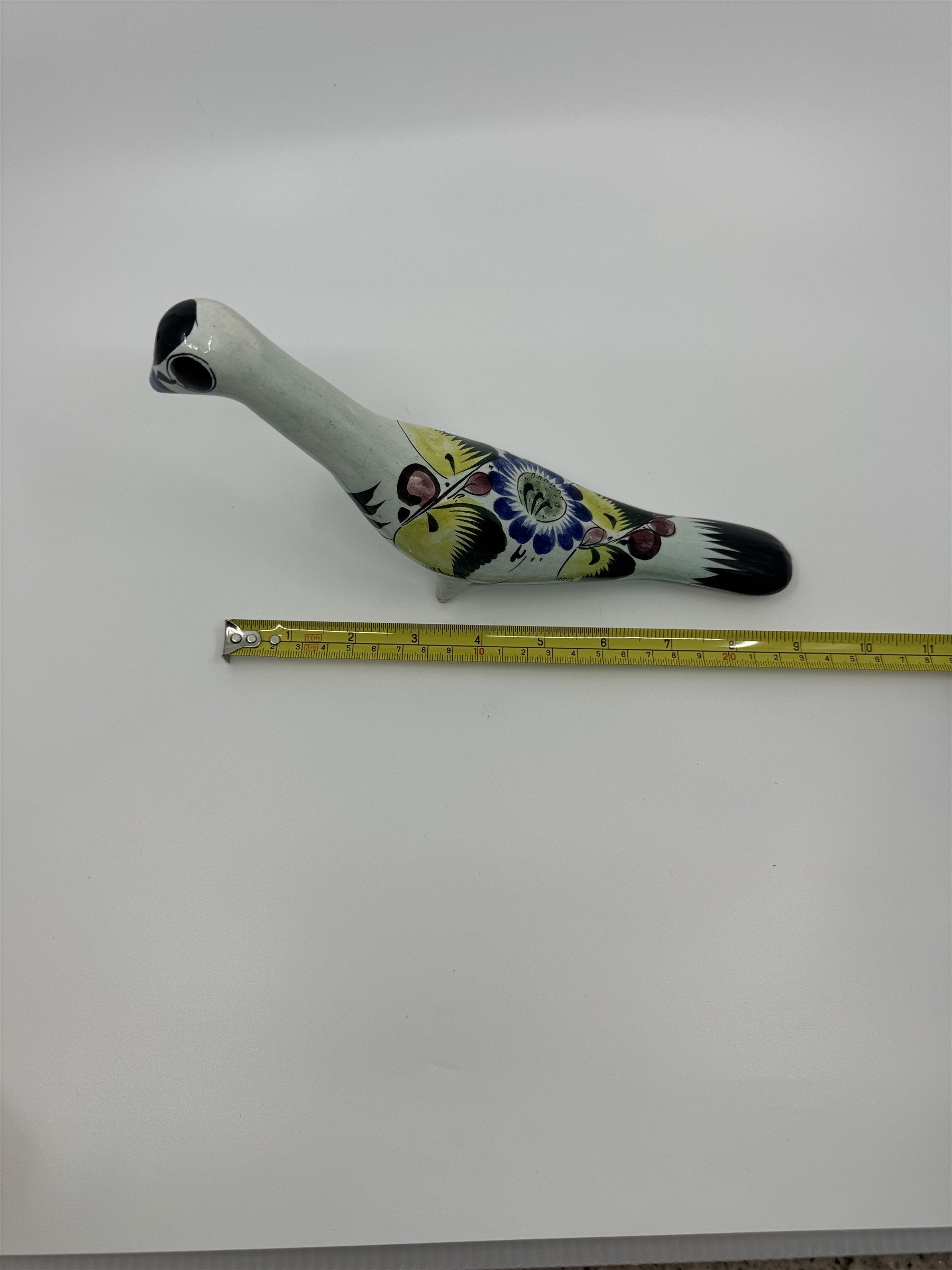 Mexican Hand Painted Tonala Pottery Long Neck Bird Figurine Black/Blue/Yellow RP
