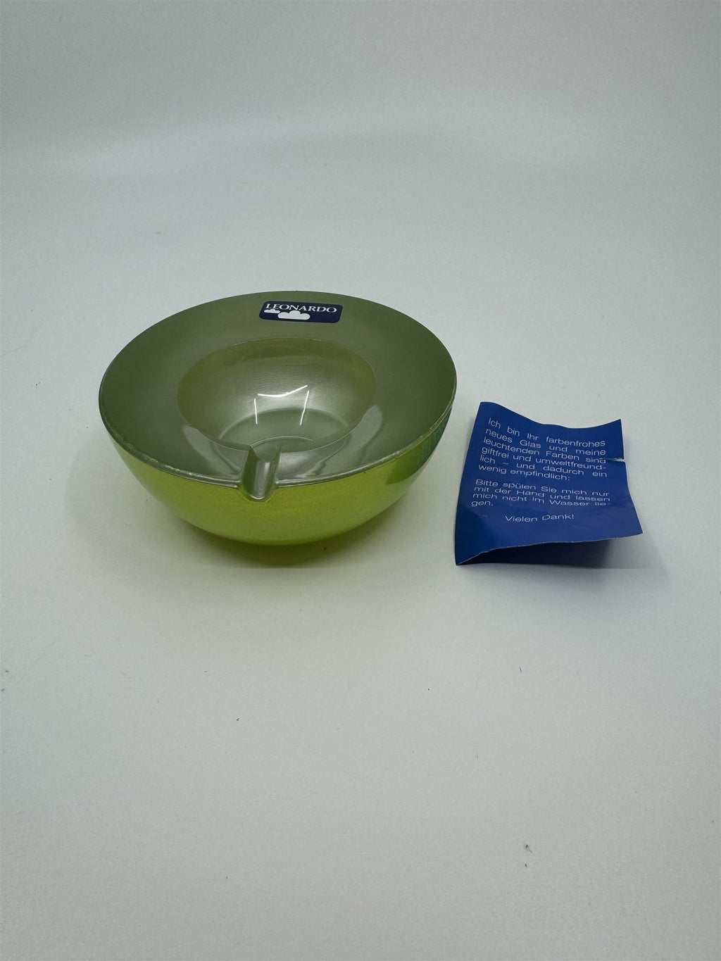 Mid Century Modem Leonardo Germany Art Glass Ashtray /w Stickers GREEN Vibrant