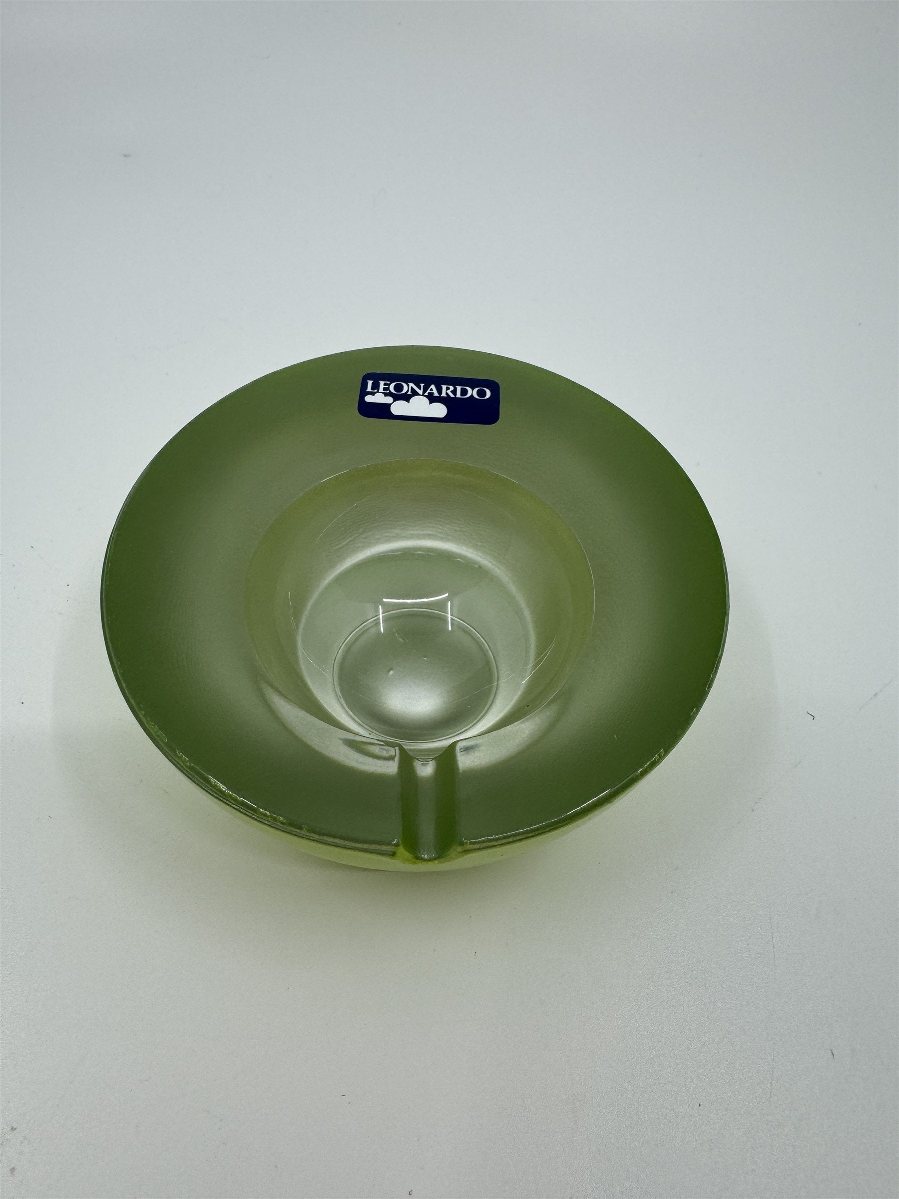 Mid Century Modem Leonardo Germany Art Glass Ashtray /w Stickers GREEN Vibrant