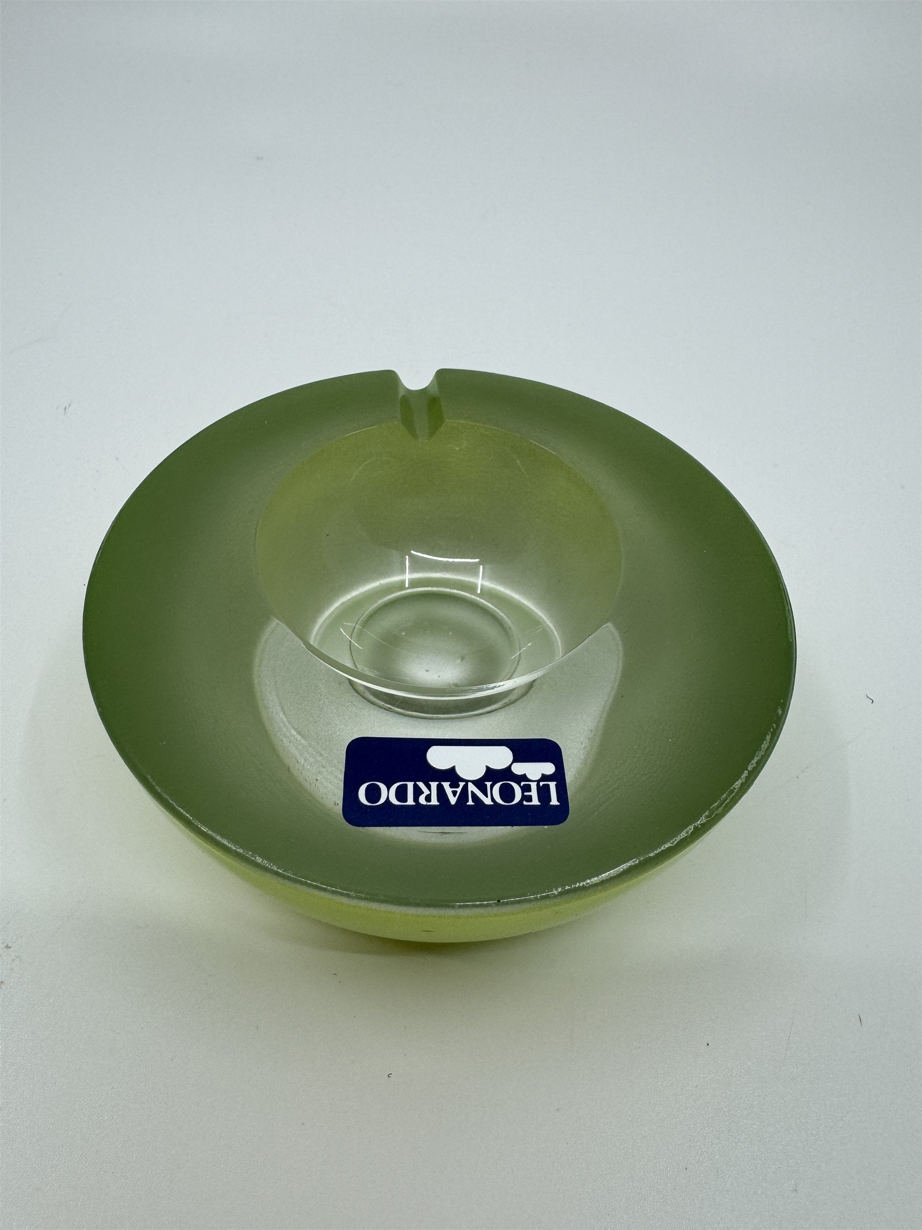 Mid Century Modem Leonardo Germany Art Glass Ashtray /w Stickers GREEN Vibrant