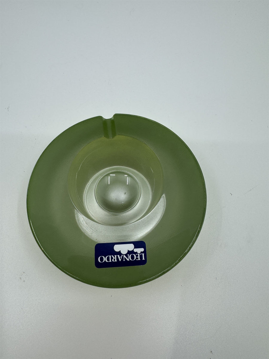 Mid Century Modem Leonardo Germany Art Glass Ashtray /w Stickers GREEN Vibrant