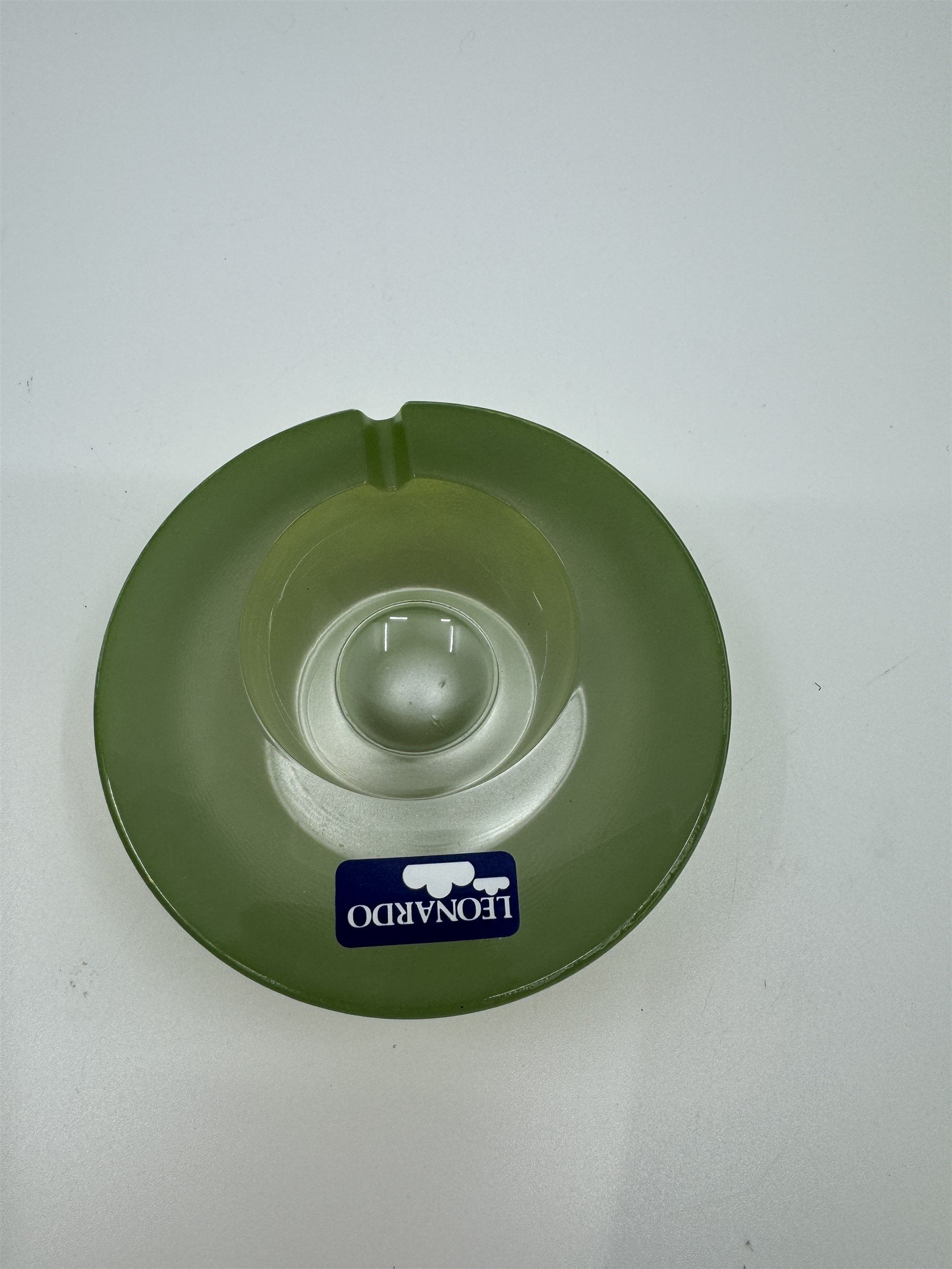Mid Century Modem Leonardo Germany Art Glass Ashtray /w Stickers GREEN Vibrant