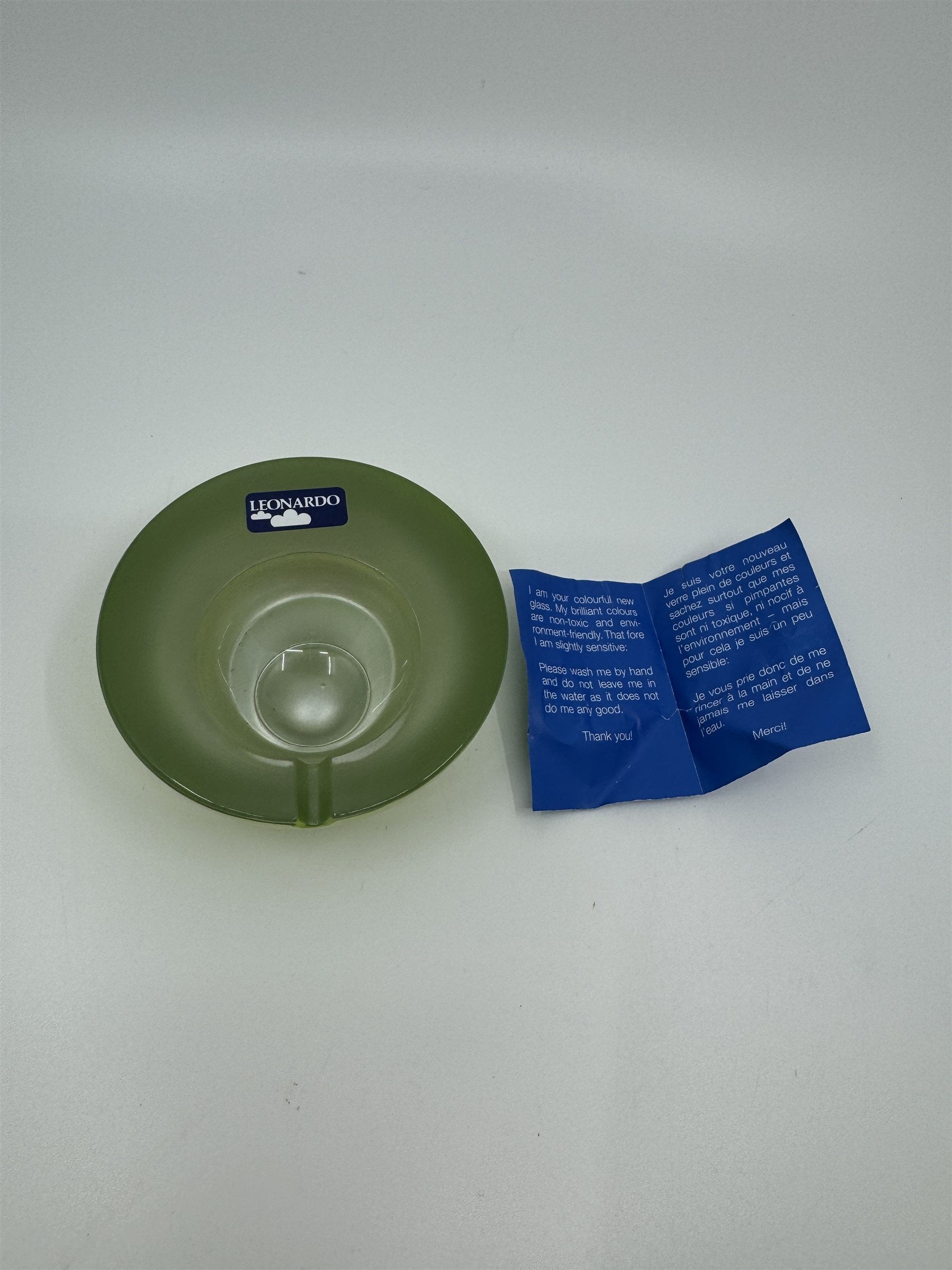 Mid Century Modem Leonardo Germany Art Glass Ashtray /w Stickers GREEN *Chips*
