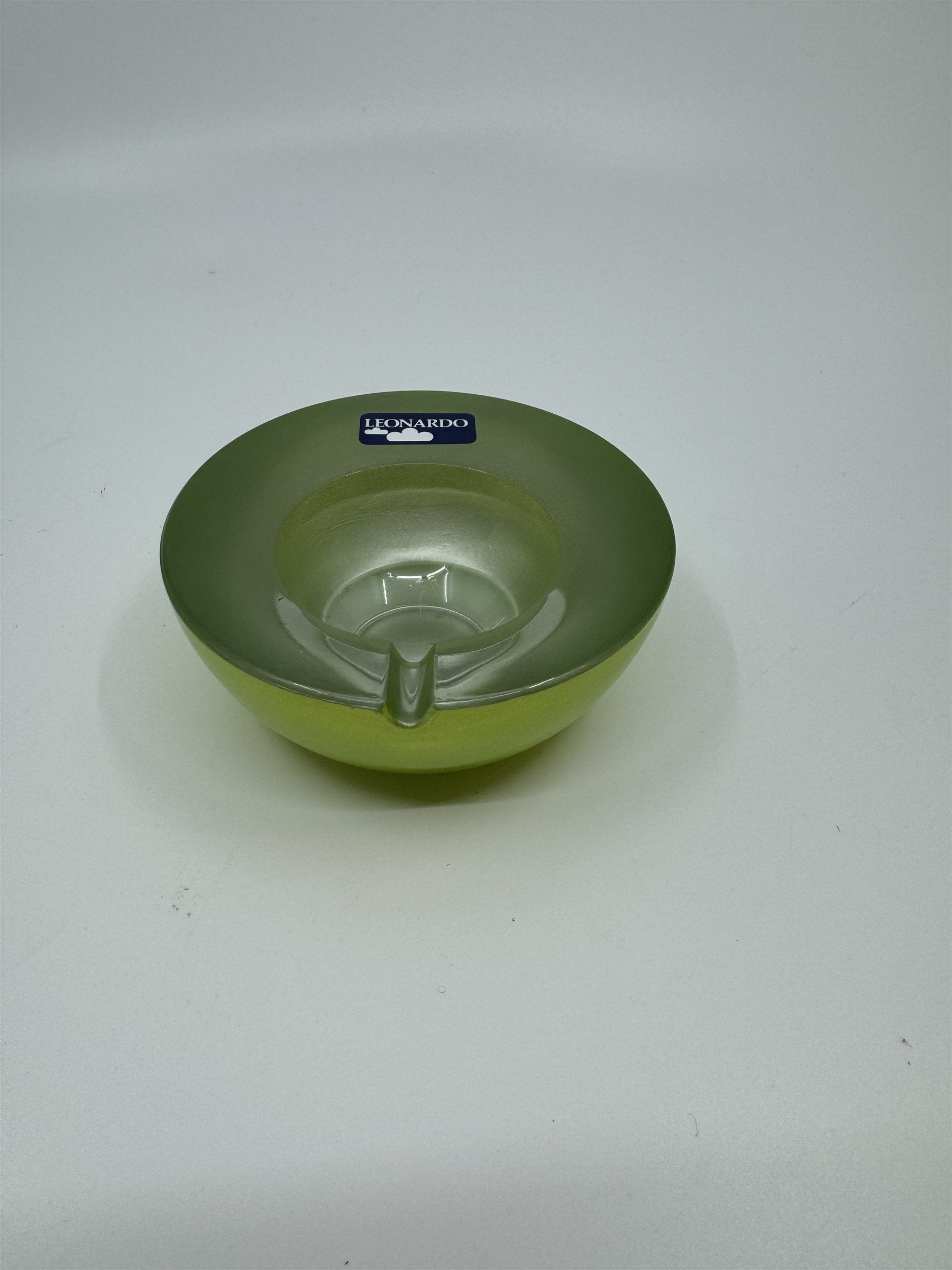 Mid Century Modem Leonardo Germany Art Glass Ashtray /w Stickers GREEN *Chips*