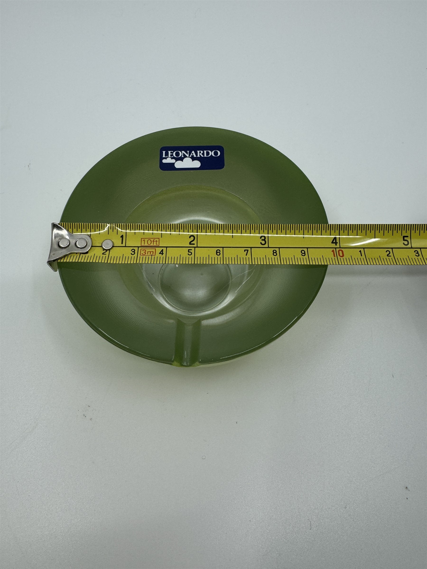 Mid Century Modem Leonardo Germany Art Glass Ashtray /w Stickers GREEN *Chips*