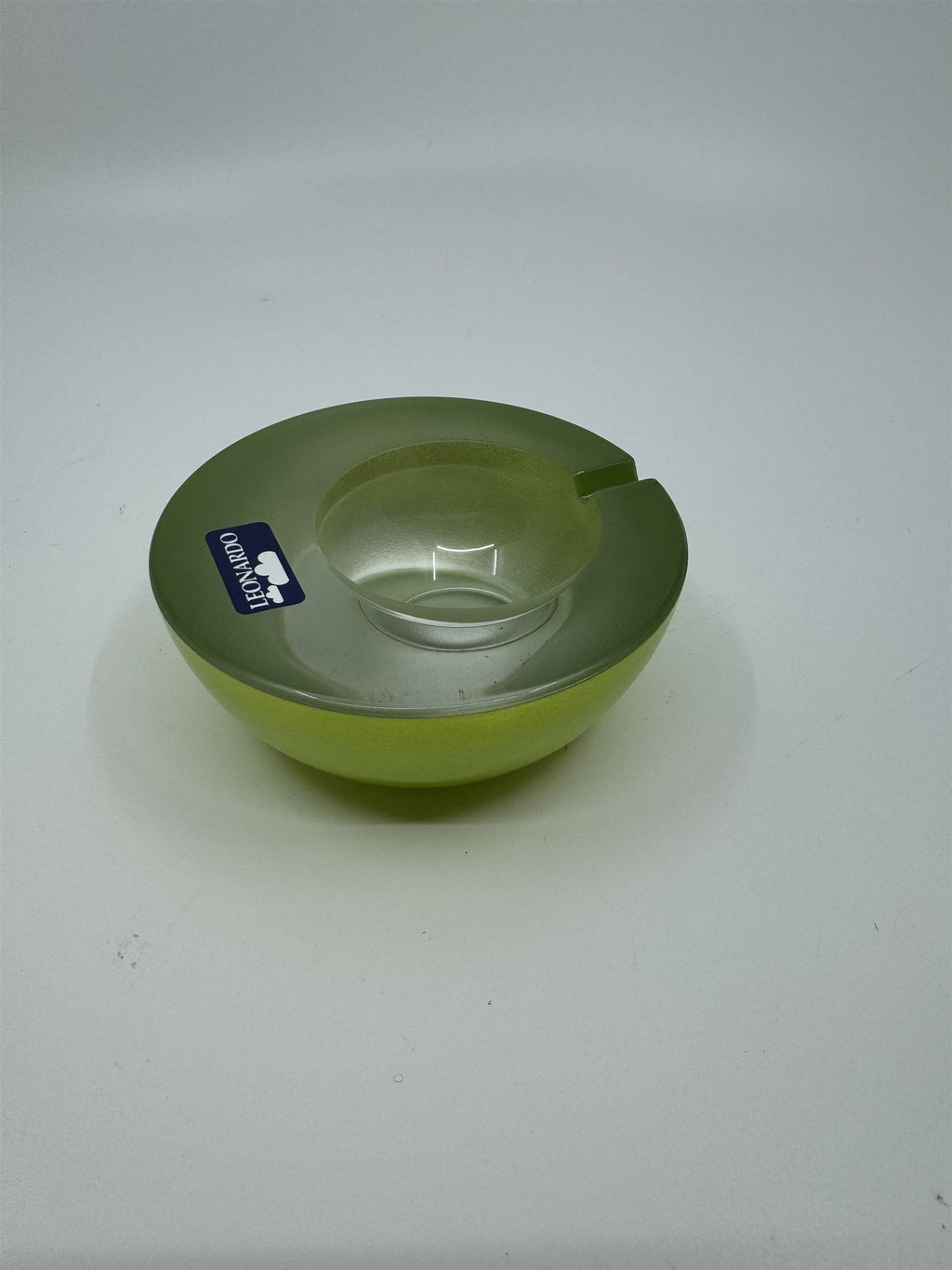 Mid Century Modem Leonardo Germany Art Glass Ashtray /w Stickers GREEN *Chips*