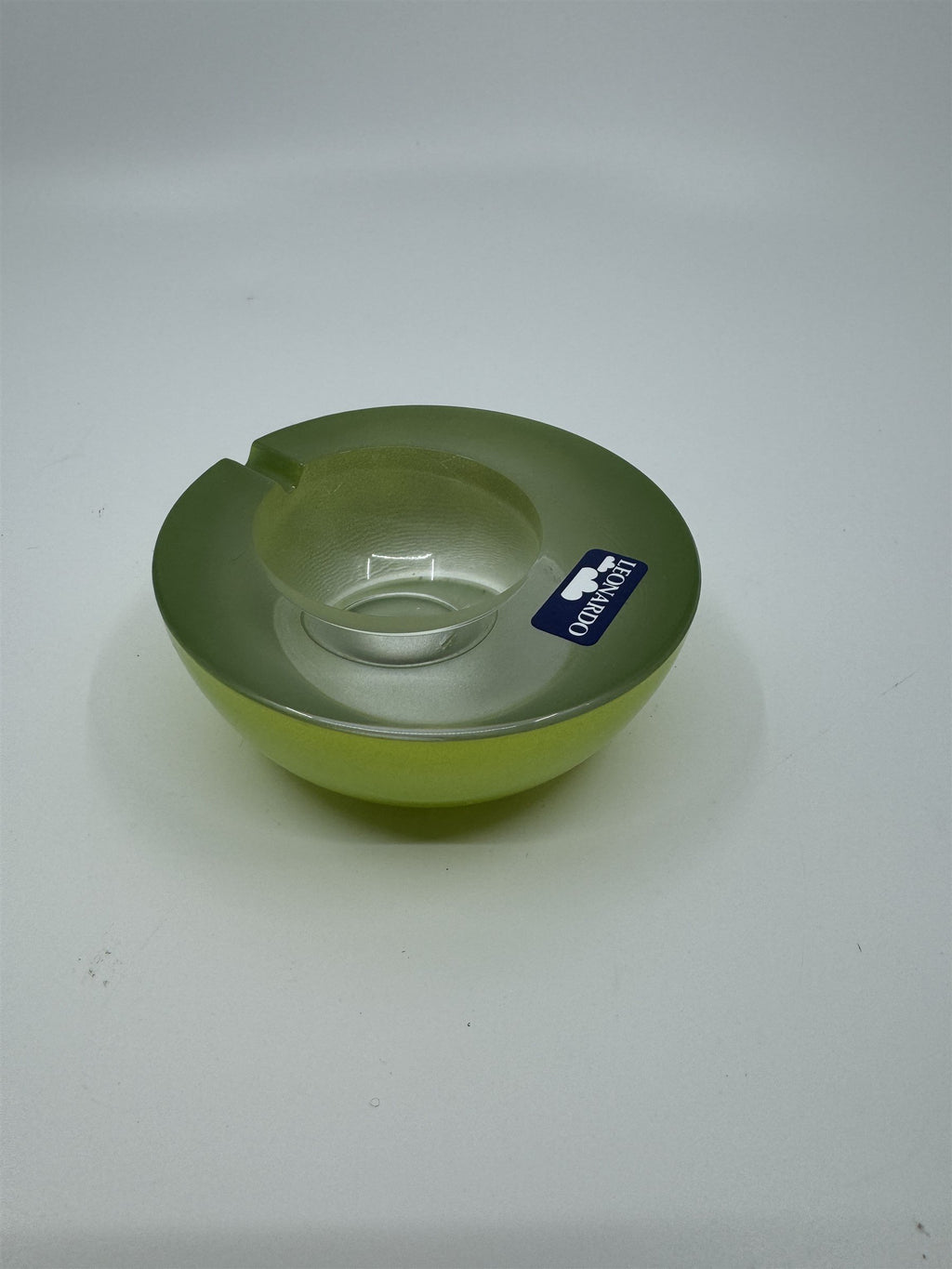 Mid Century Modem Leonardo Germany Art Glass Ashtray /w Stickers GREEN *Chips*