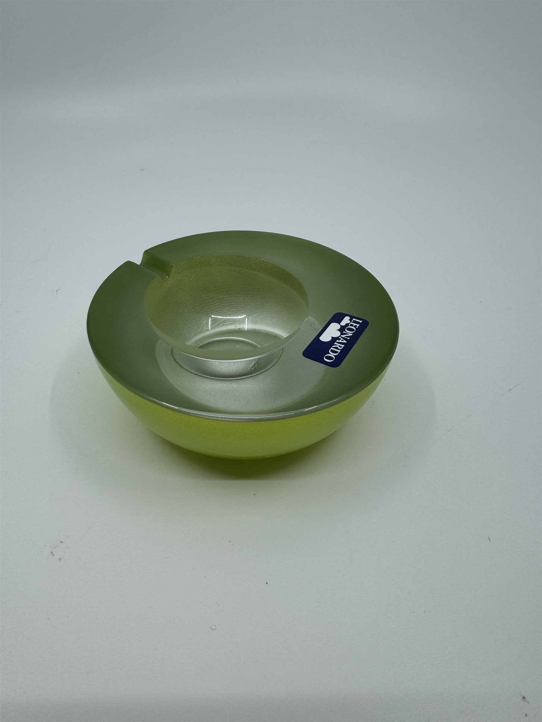 Mid Century Modem Leonardo Germany Art Glass Ashtray /w Stickers GREEN *Chips*
