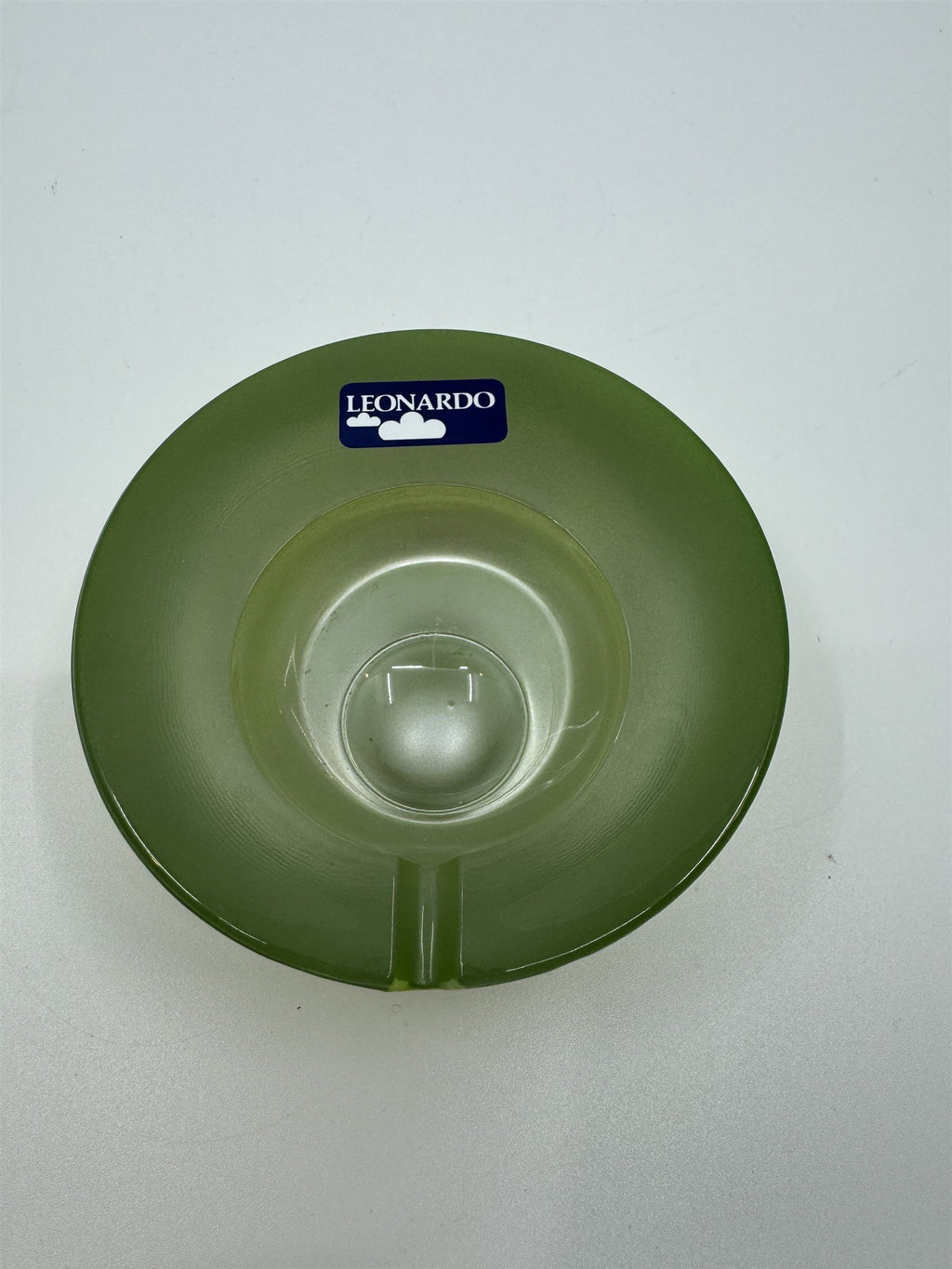 Mid Century Modem Leonardo Germany Art Glass Ashtray /w Stickers GREEN *Chips*