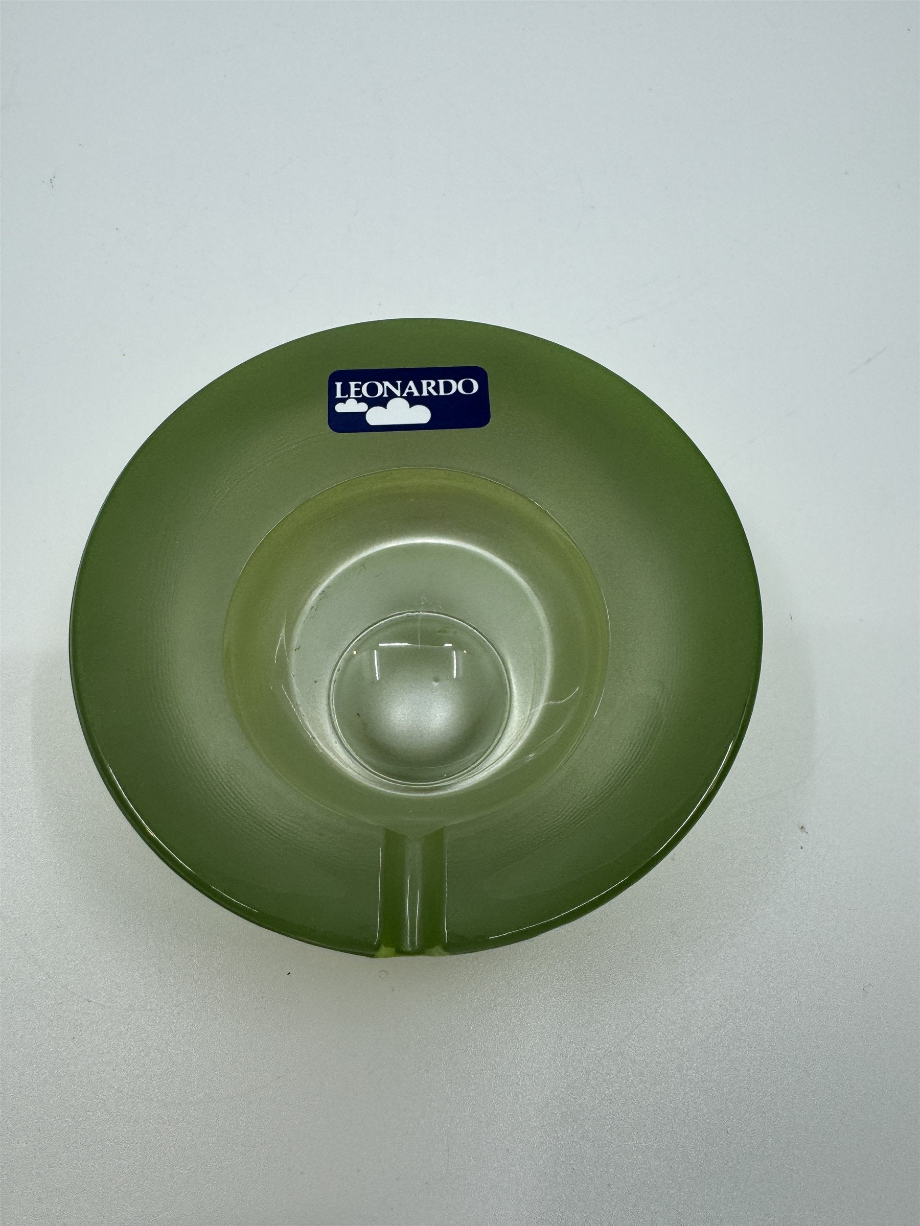 Mid Century Modem Leonardo Germany Art Glass Ashtray /w Stickers GREEN *Chips*