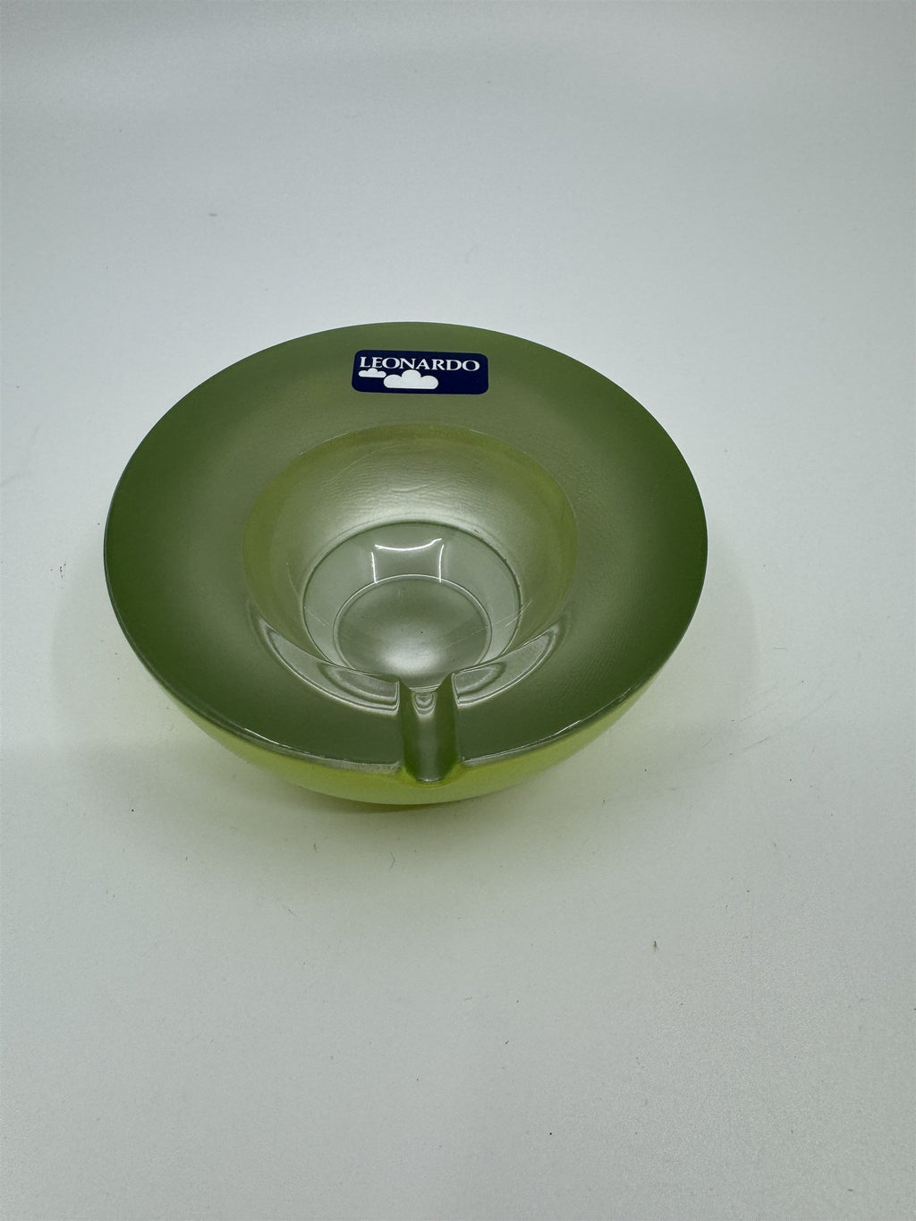 Mid Century Modem Leonardo Germany Art Glass Ashtray /w Stickers GREEN Vibrant