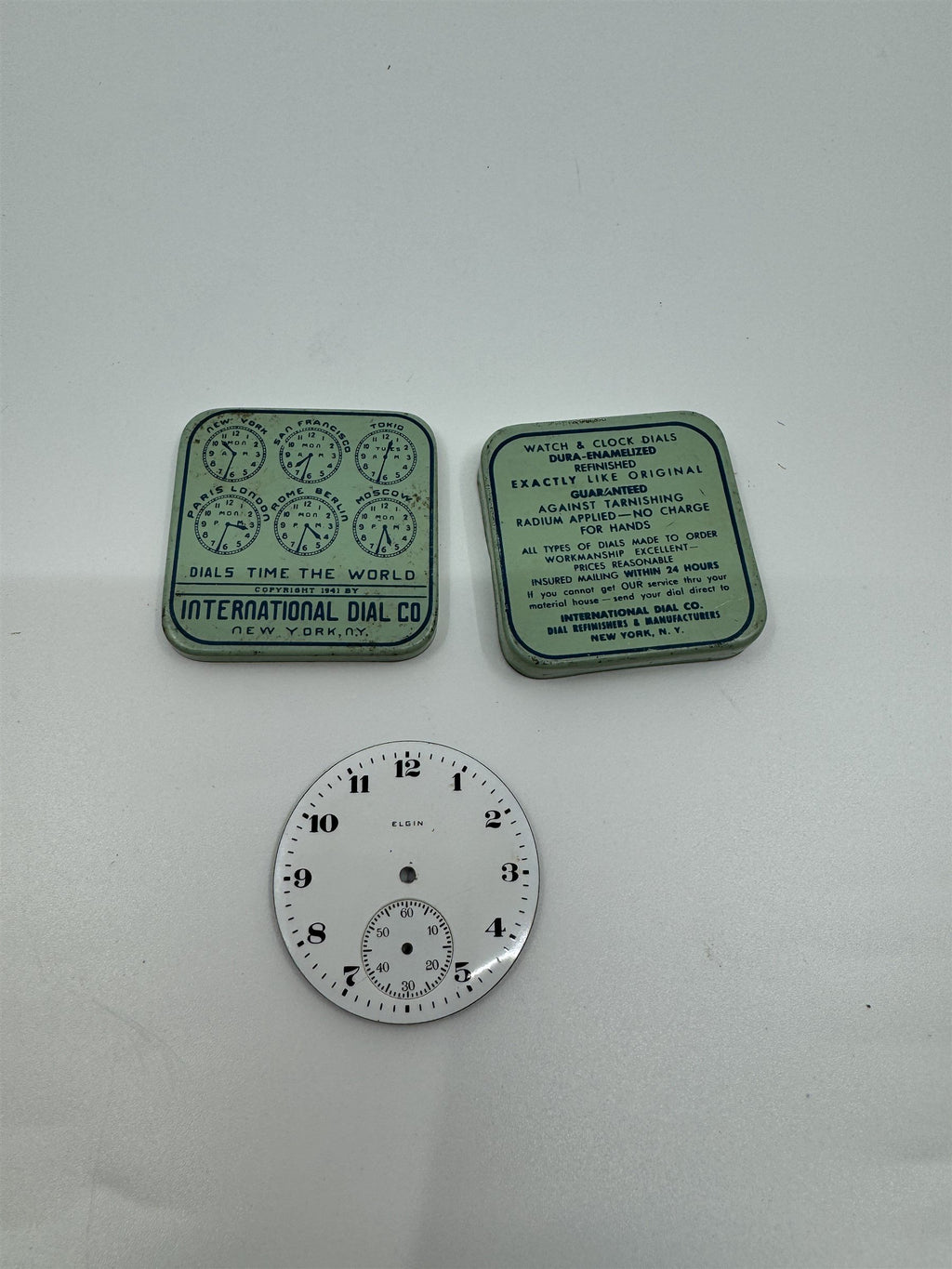 Vintage Elgin Enamel Pocket Watch Dial /w International Dial Co. Tin