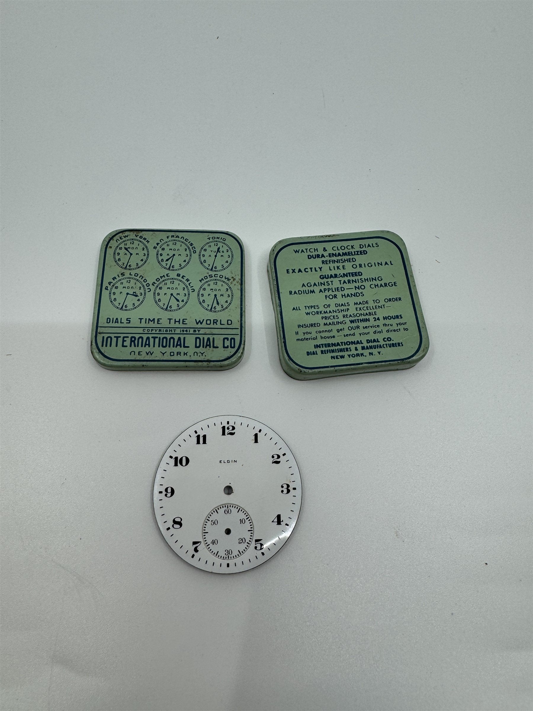 Vintage Elgin Enamel Pocket Watch Dial /w International Dial Co. Tin
